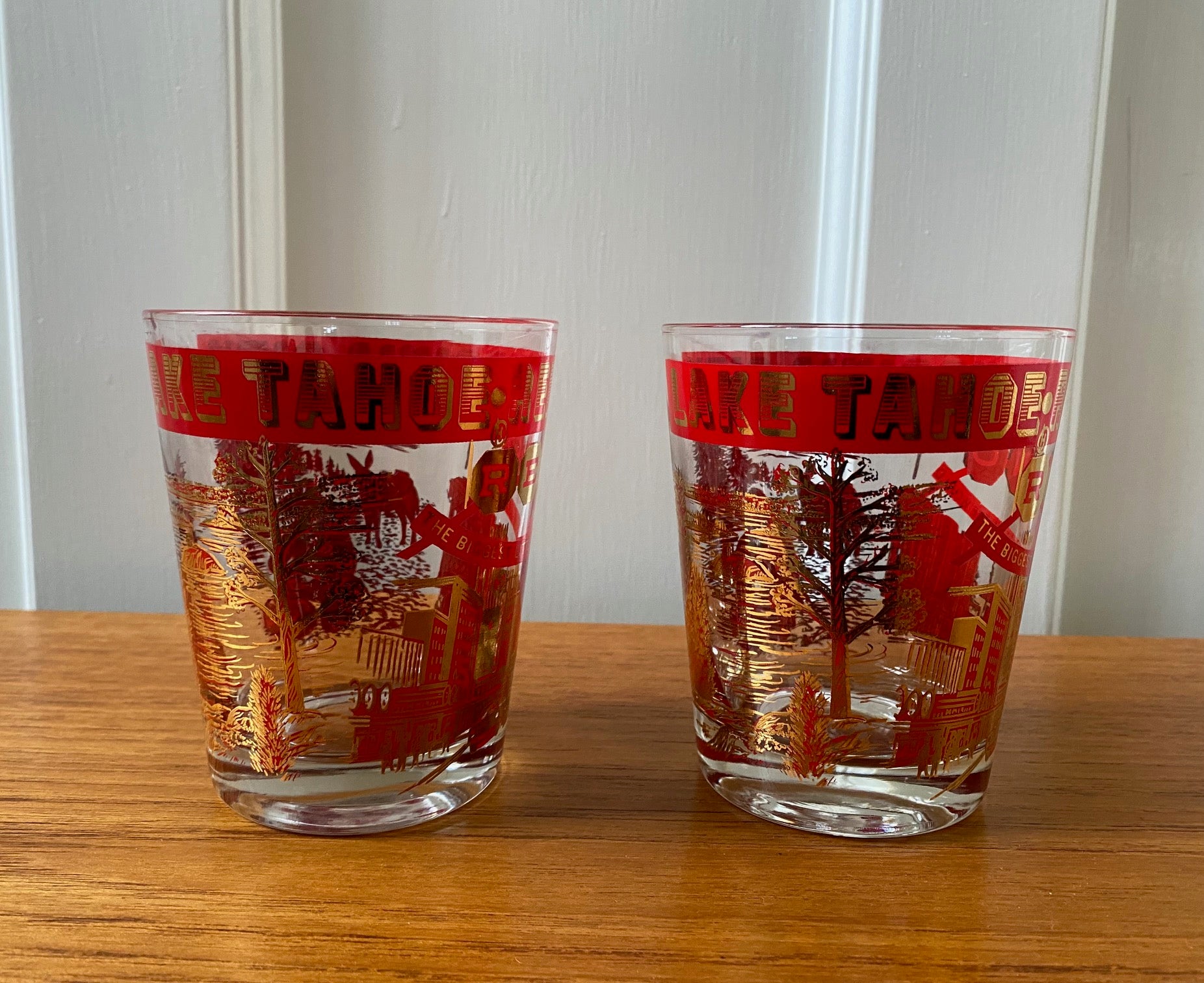 Set of 2 1960s Red & Gold Reno Souvenir Glasses- Cook Street Vintage