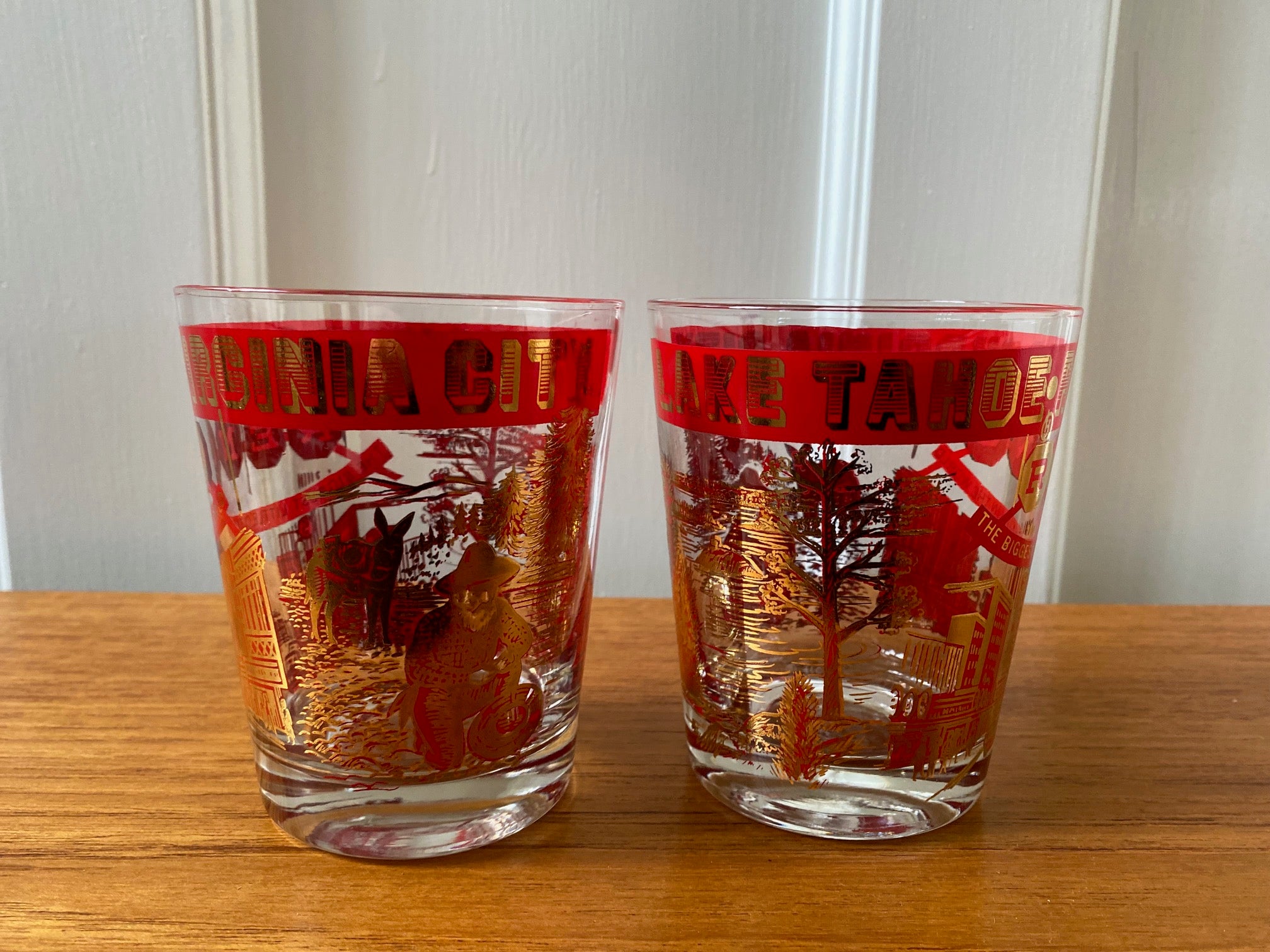 Set of 2 1960s Red & Gold Reno Souvenir Glasses- Cook Street Vintage