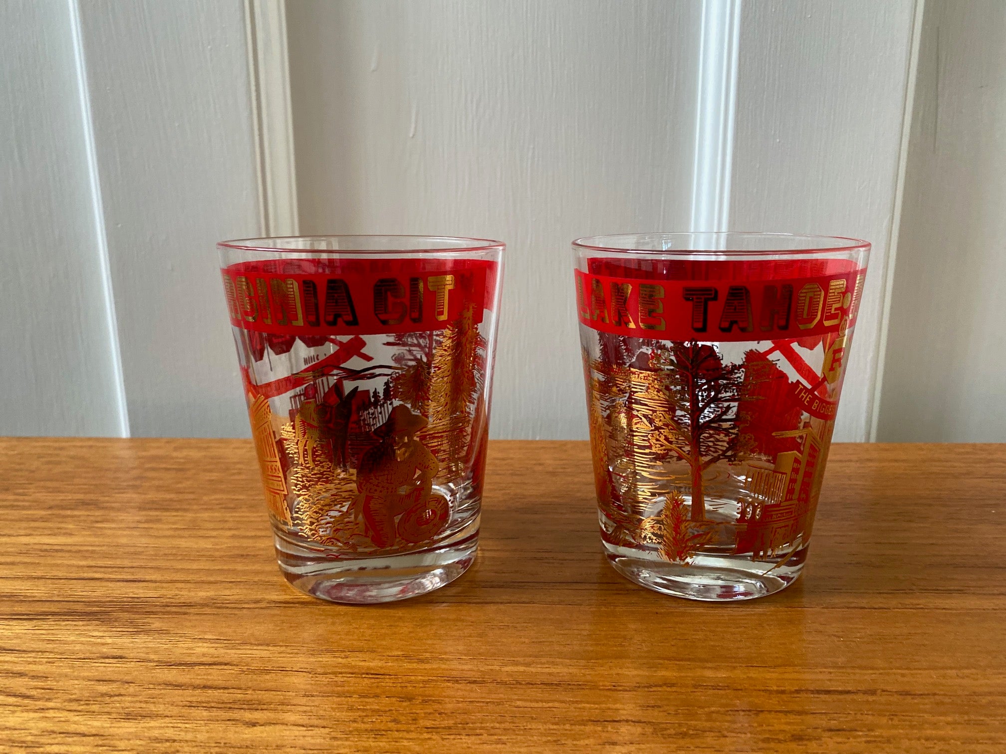 Set of 2 1960s Red & Gold Reno Souvenir Glasses- Cook Street Vintage