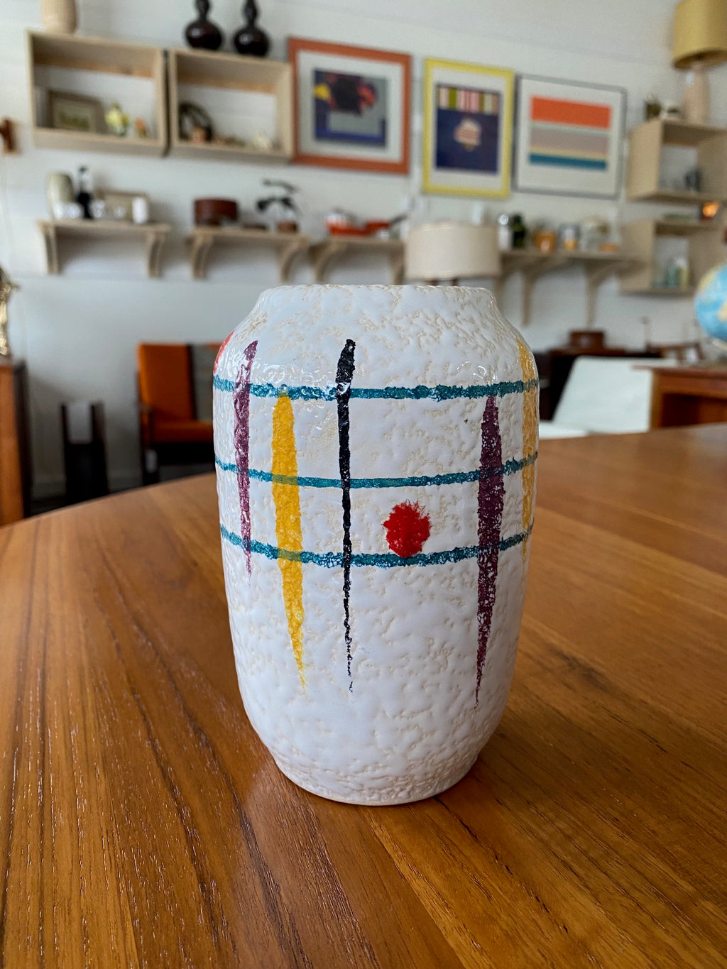 Small White WG Scheurich Paint Stroke Ceramic Vase. Stunning green glazed interior.- Cook Street Vintage