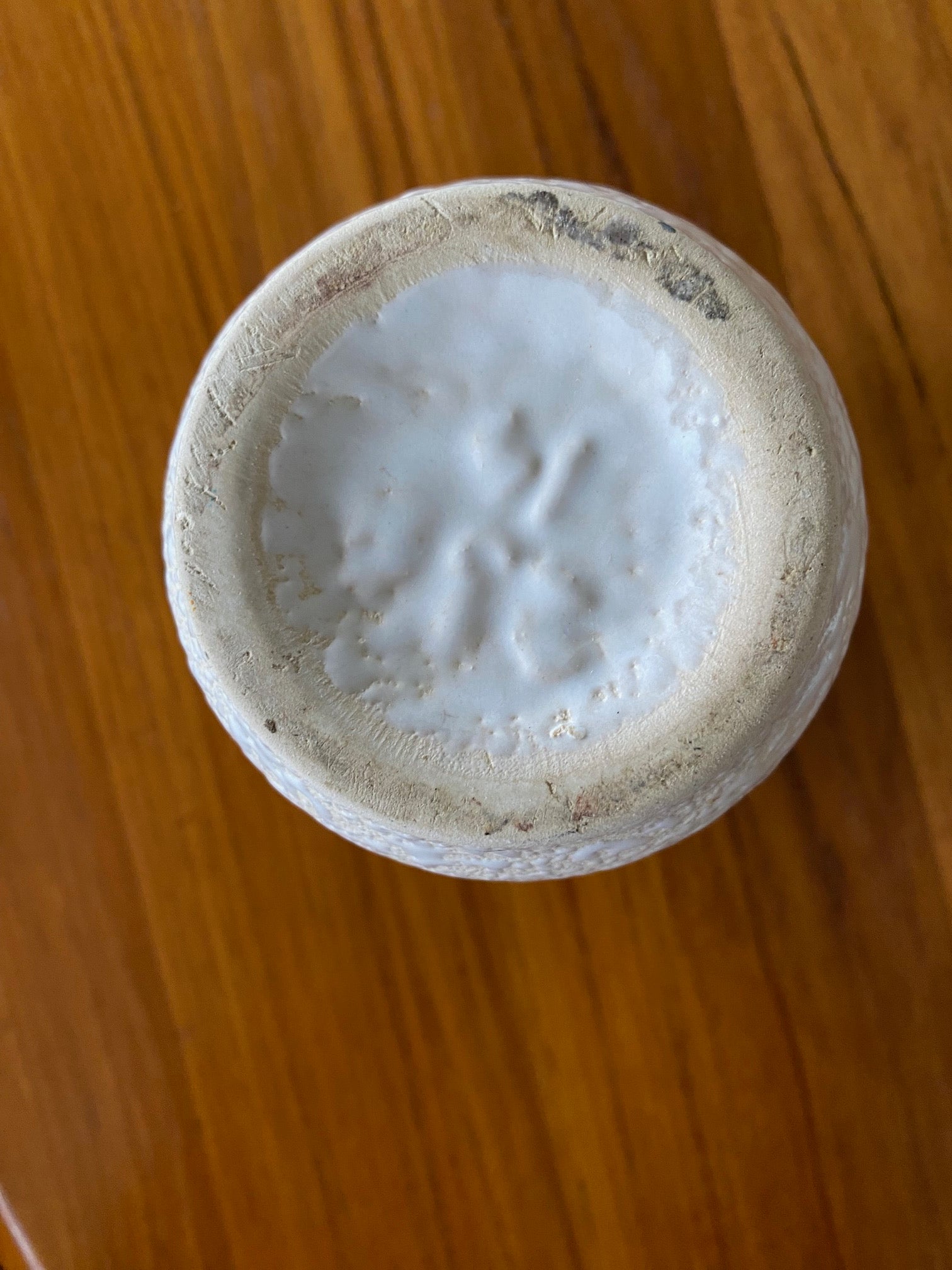Base of Small White WG Scheurich Paint Stroke Ceramic Vase. Stunning green glazed interior.- Cook Street Vintage