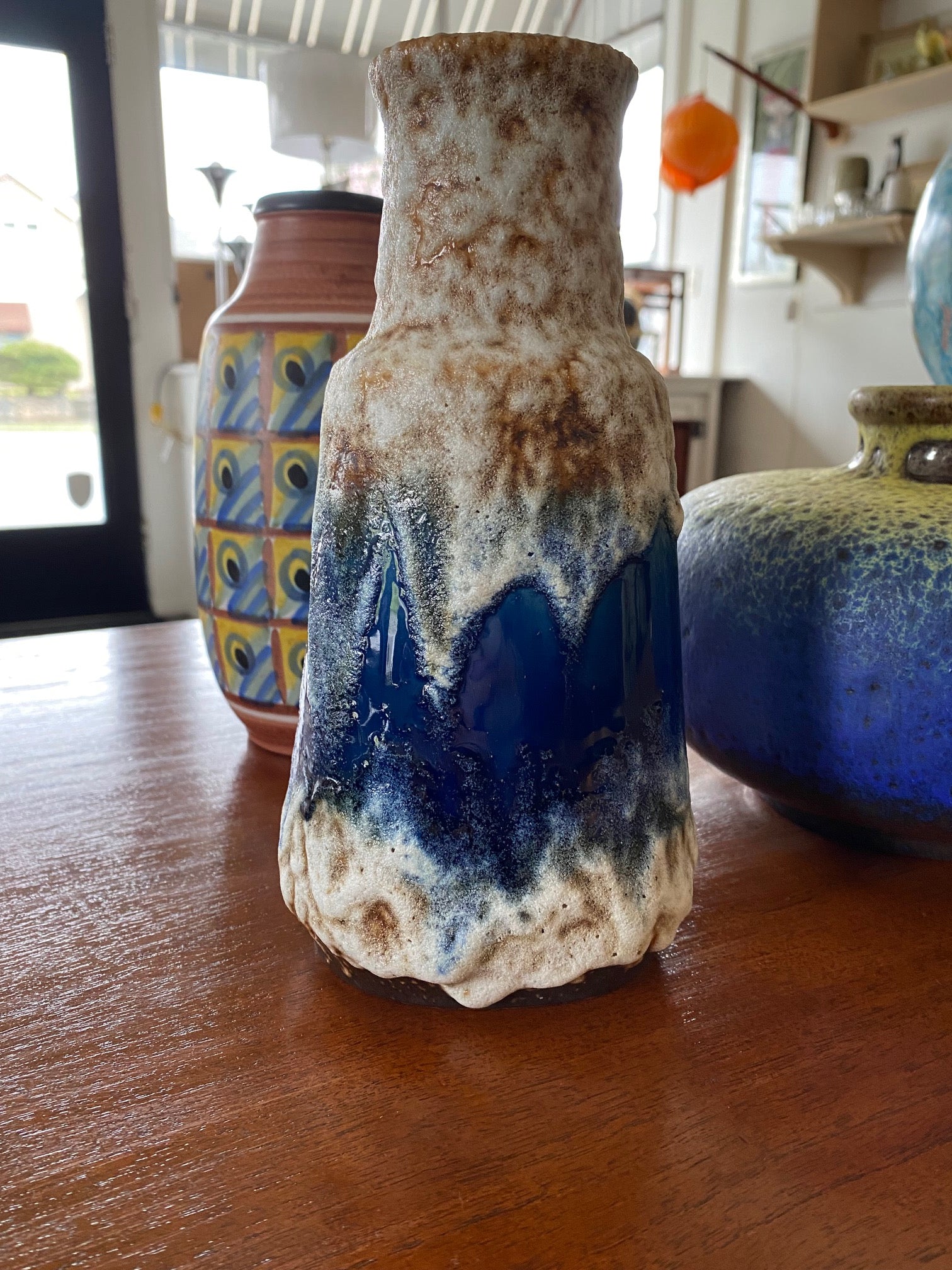 West German Lava Glaze Vase in Cobalt Blue and White