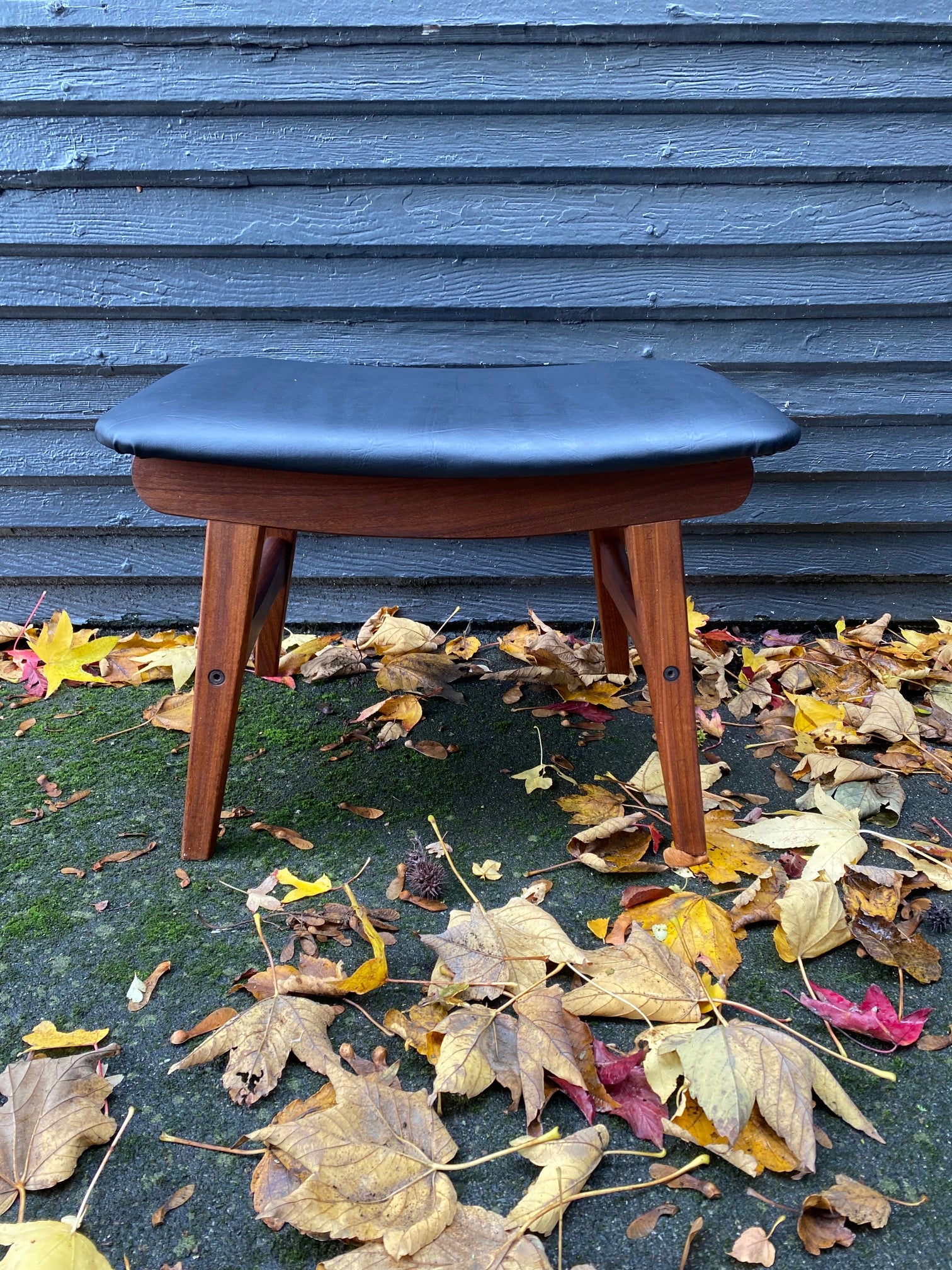 MCM Teak Footstool in Black Vinyl