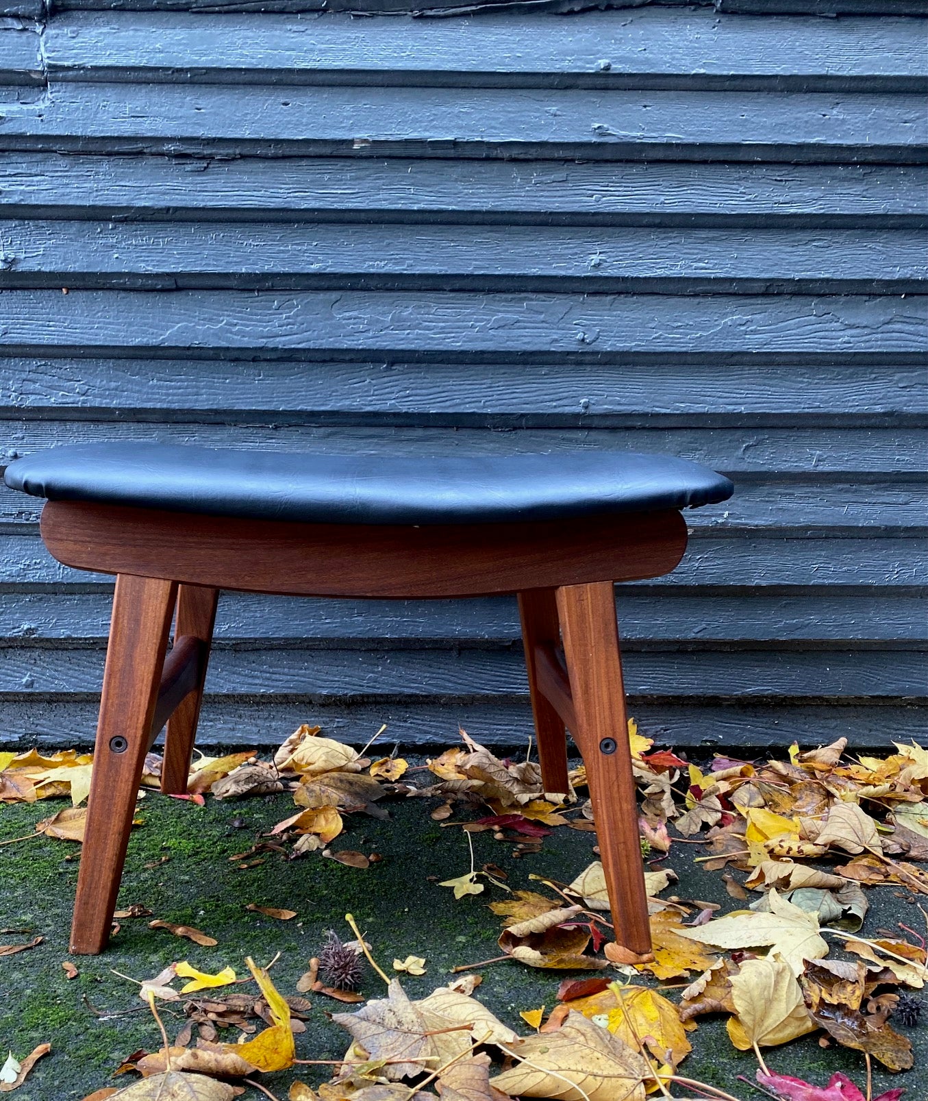 MCM Teak Footstool in Black Vinyl