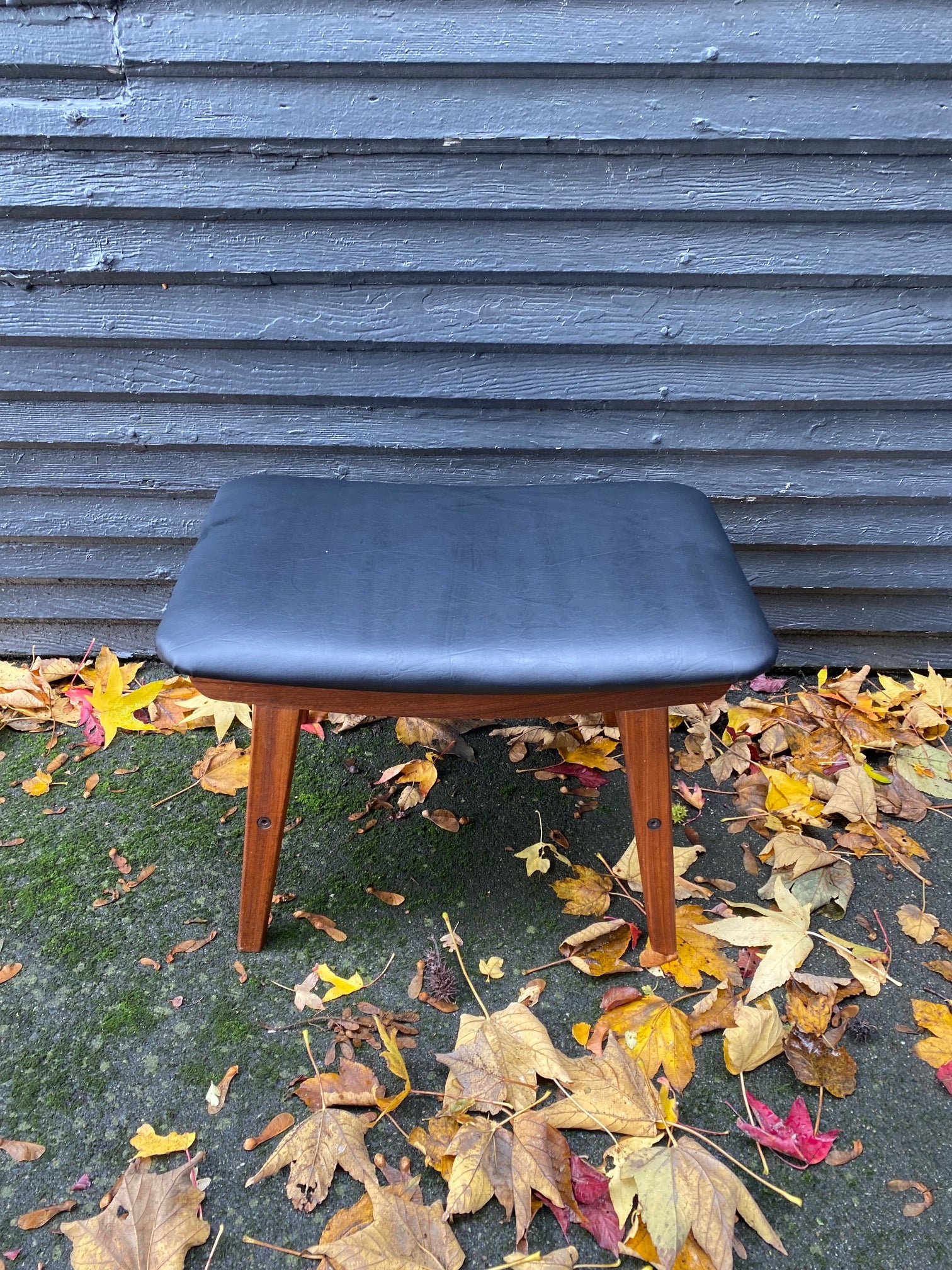MCM Teak Footstool in Black Vinyl