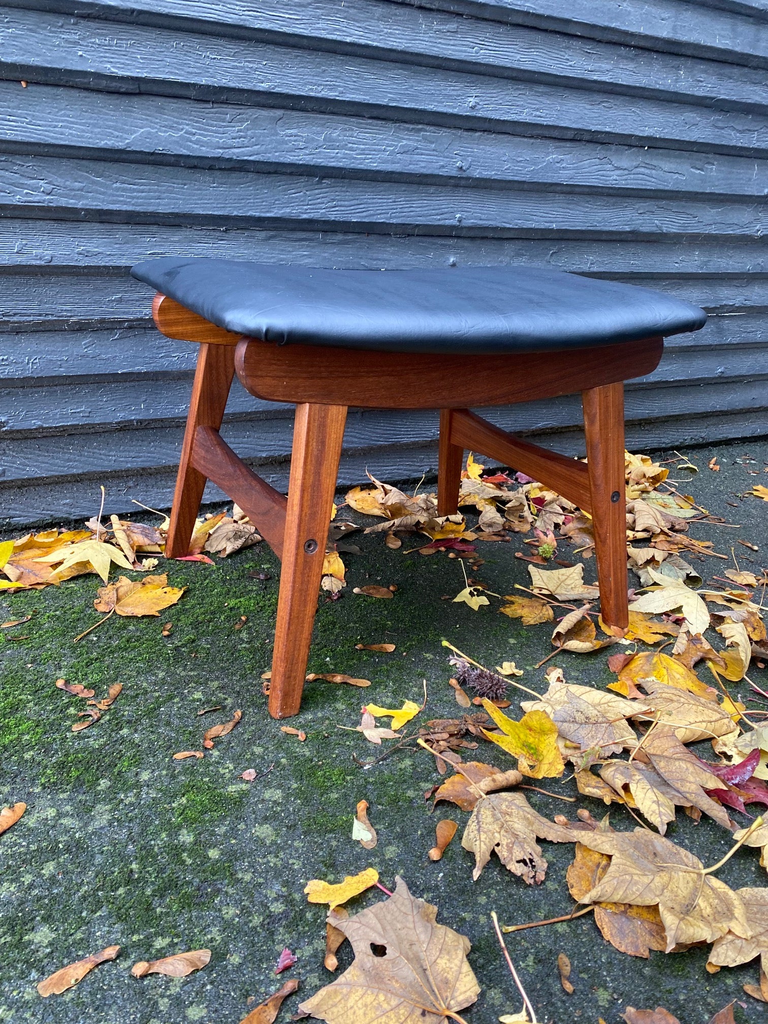MCM Teak Footstool in Black Vinyl