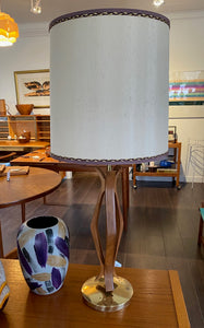 Pair of Teak and Brass Table Lamps with Original Shades