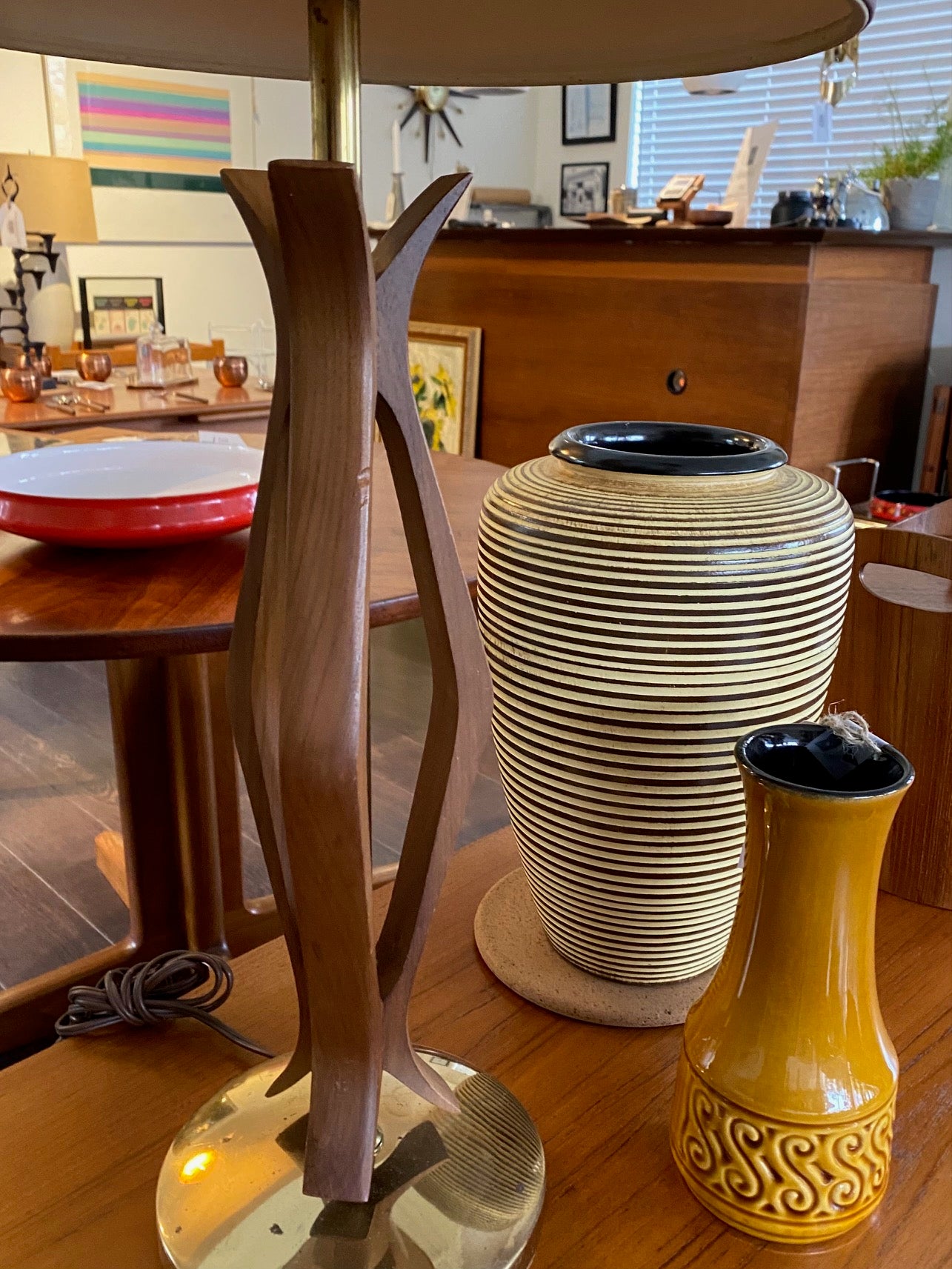Pair of Teak and Brass Table Lamps with Original Shades