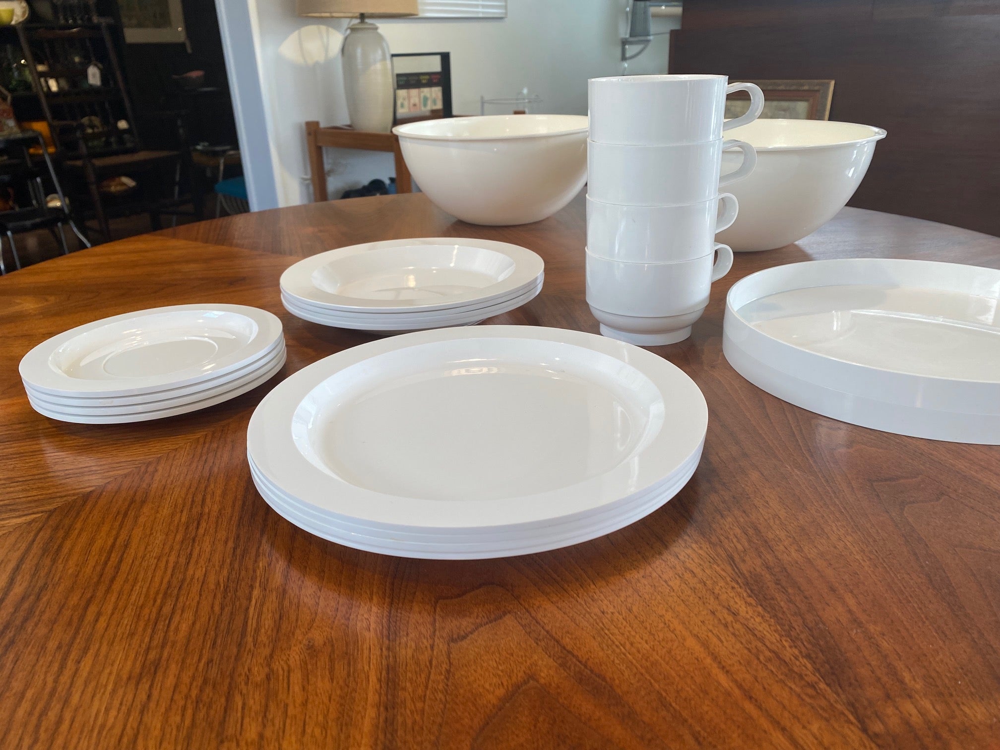 Fabulous Guzzini Per Alimenti Pic Bol picnic set/ table service set&nbsp; for four. This set is in like-new condition. Includes cups, saucers, salad/dessert plates and dinner size plates with a serving tray that fit neatly into the carrying case which double as salad bowls. Made in Italy. Designed by Carlo Viglino- Cook Street Vintage