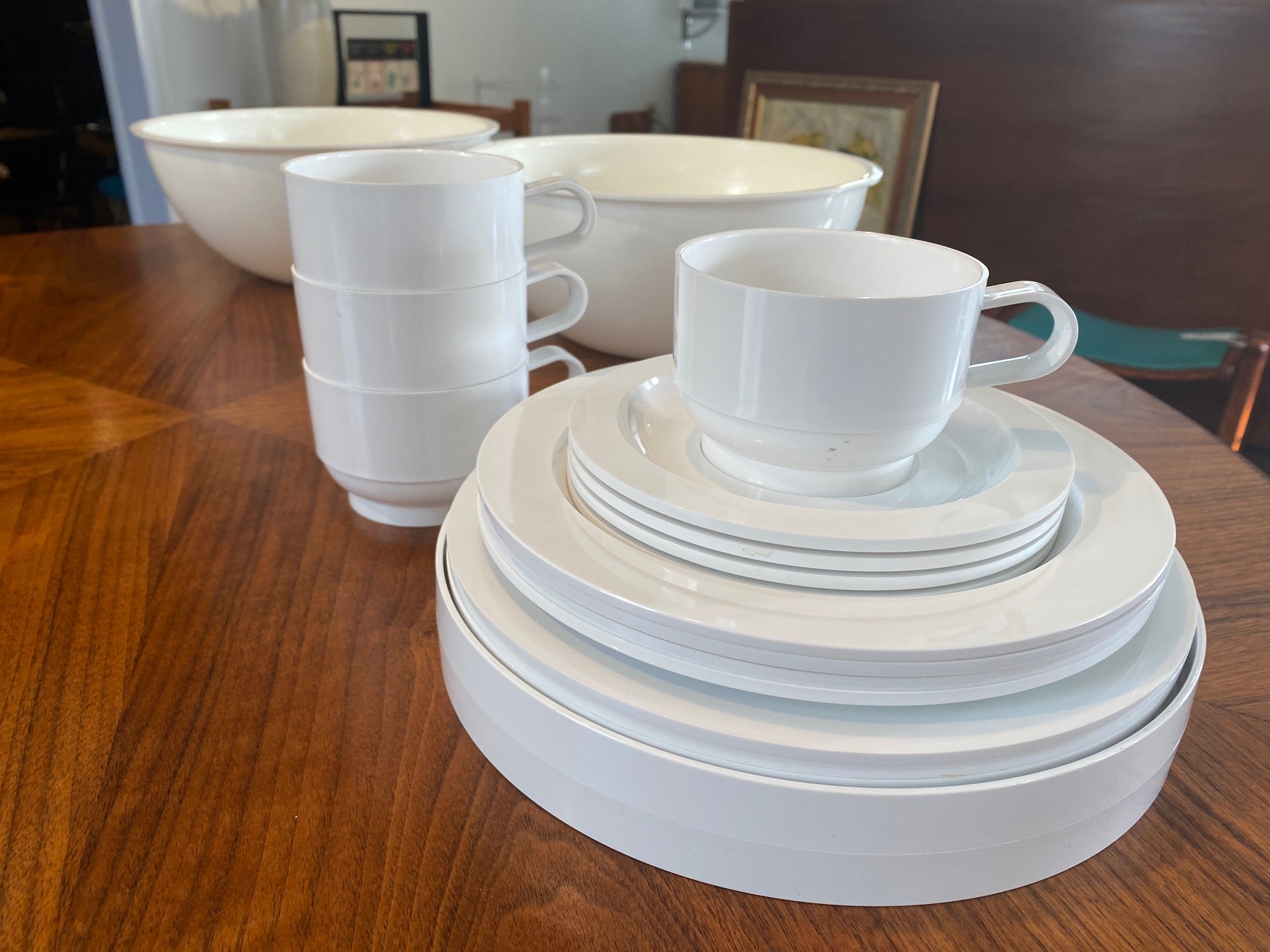 Fabulous Guzzini Per Alimenti Pic Bol picnic set/ table service set&nbsp; for four. This set is in like-new condition. Includes cups, saucers, salad/dessert plates and dinner size plates with a serving tray that fit neatly into the carrying case which double as salad bowls. Made in Italy. Designed by Carlo Viglino- Cook Street Vintage