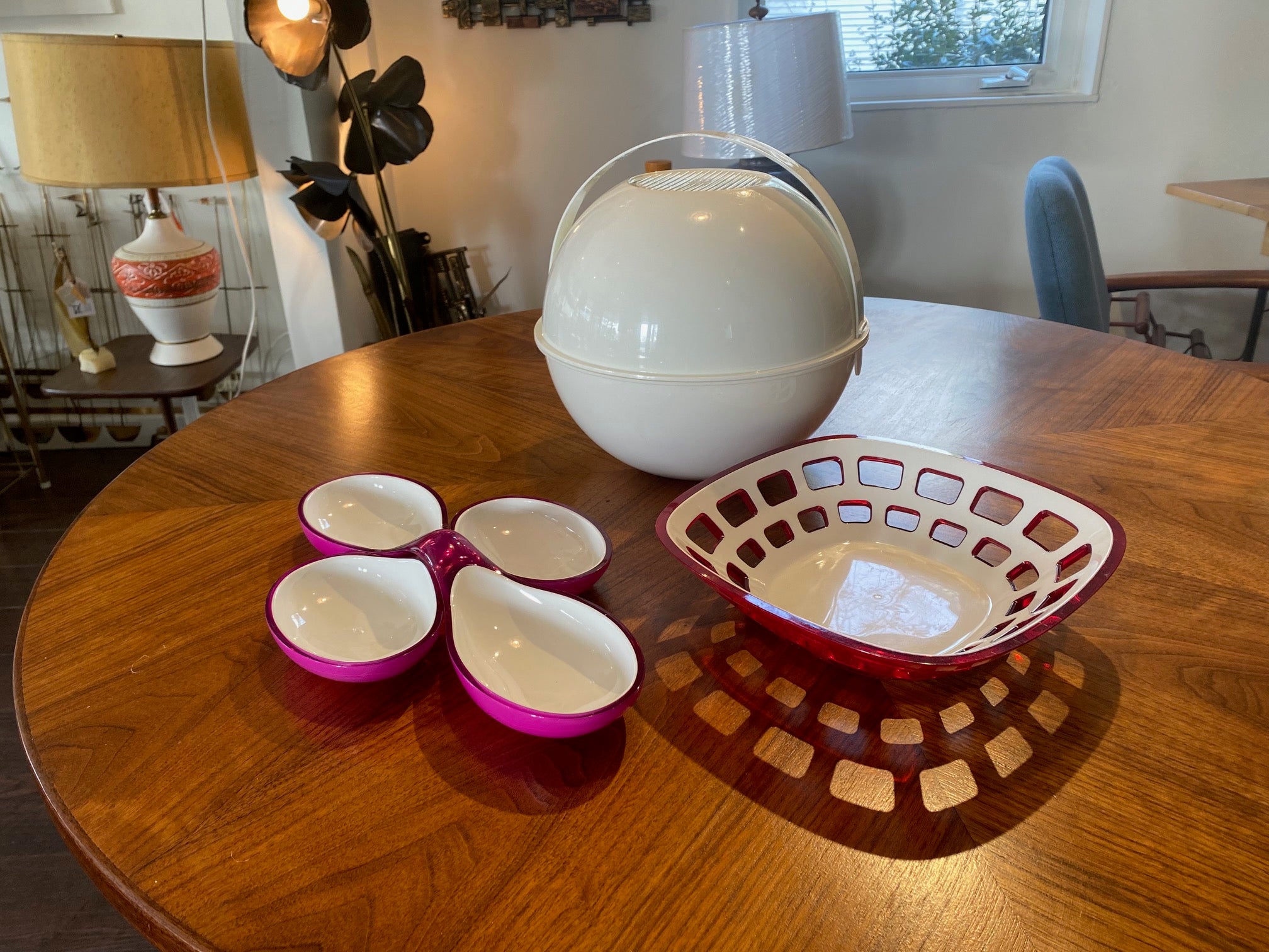 Guzzini Pic Bol Table service set with Gazzini purple acrylic serving bowls and Guzzini Red acrylic basket dish- Cook Street Vintage