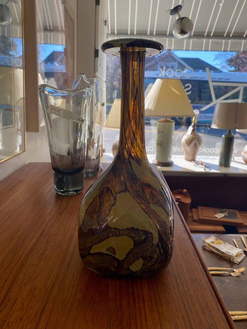 Large green vintage art glass vase in warm browns and greens. "Earth" Made in Malta. Sign Mdina on base- Cook Street Vintage