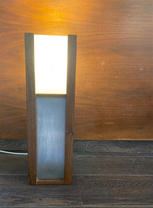Vintage Teak and Metal Box Lamp with light turned on- Cook Street Vintage