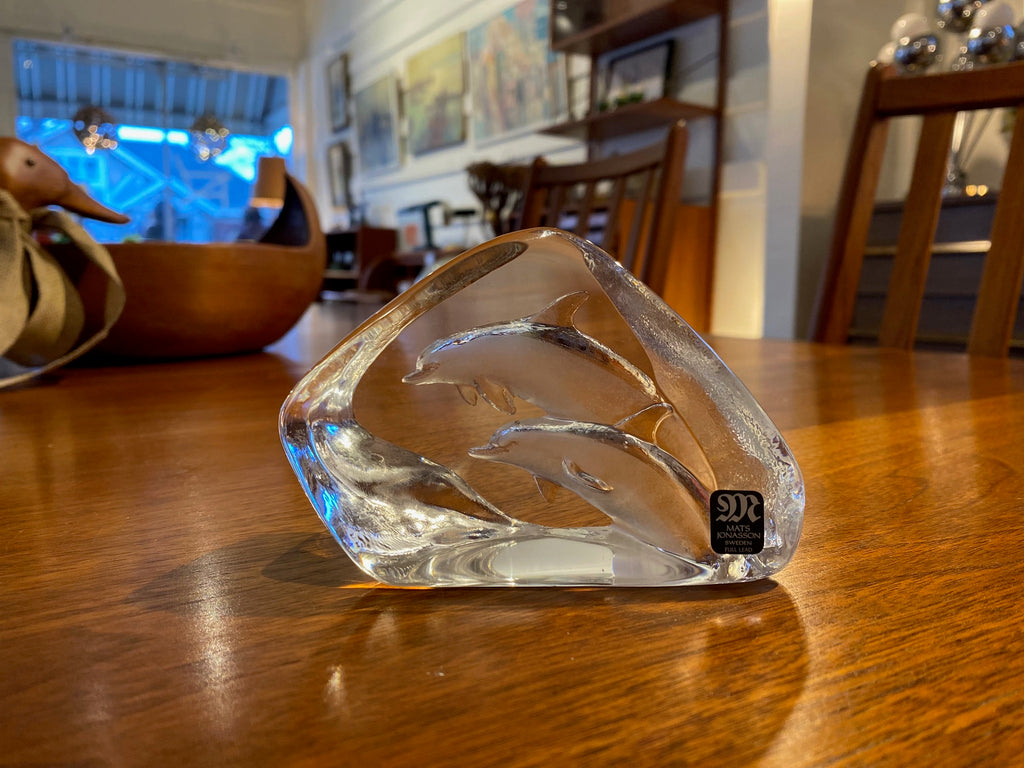 Mats Jonasson glass sculpture/ paperweight of dolphins. Lead crystal. Signed and numbered on bottom- J576. Made in Sweden- Cook Street Vintage.