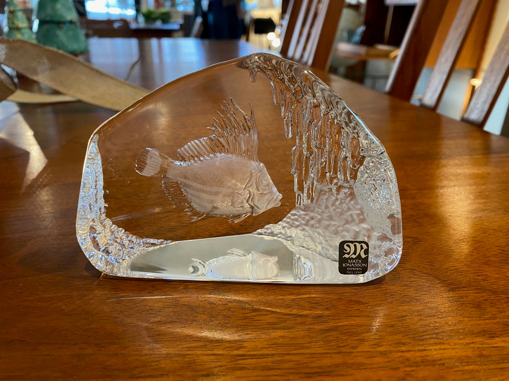 Lead crystal paperweight by Mats Jonasson. Signed and numbered on base, J561. Made in Sweden- Cook Street Vintage