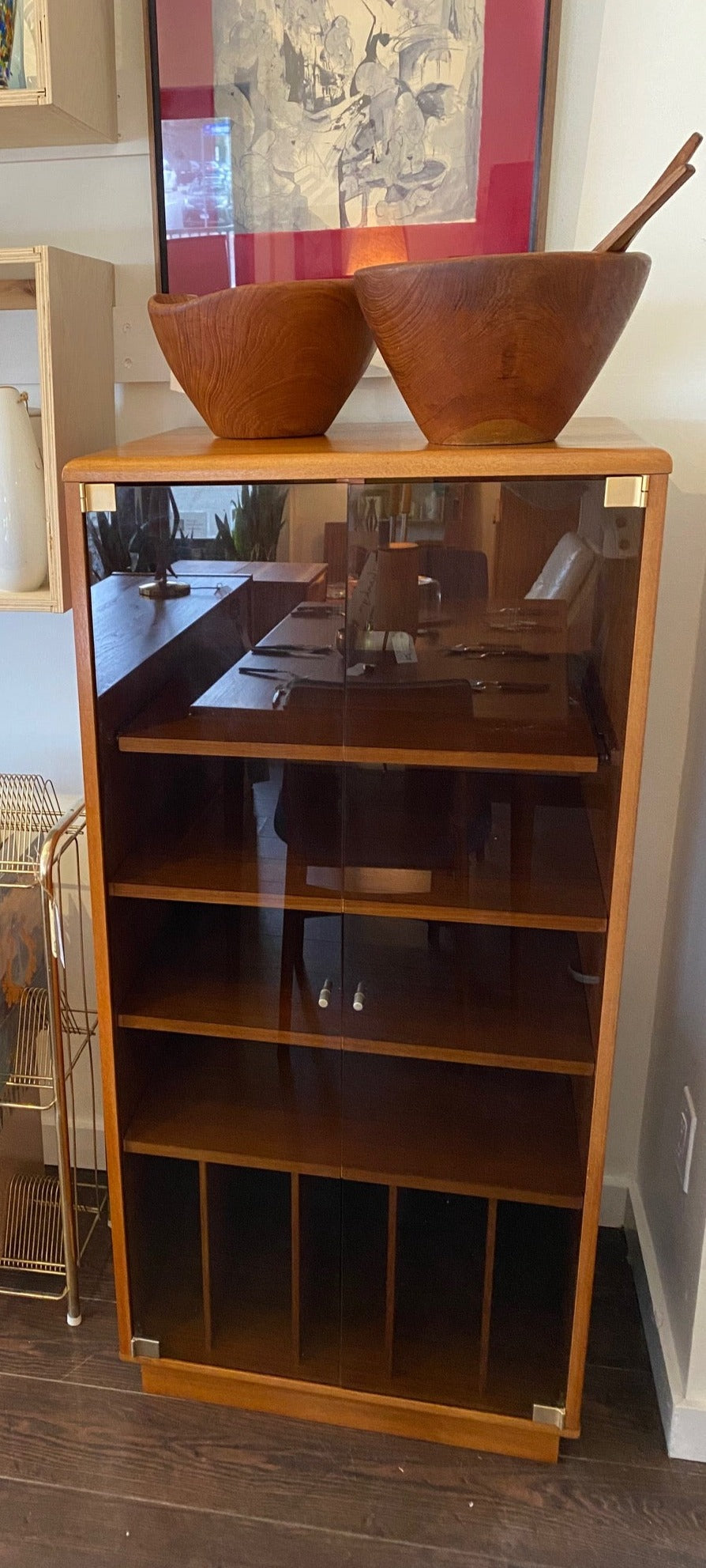 Sliding turntable shelf. Two adjustable shelves for other stereo components and ample vinyl storage- Cook Street Vintage