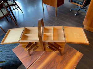 Vintage Accordion Sewing Kit Vintage 3 tier expanding sewing kit. Pretty finger joints and rounded pulls. Not just for your sewing supplies. These portable cabinets are so useful to store household necessities you need at a moments notice- like nails and screws, tape and sticky notes- Cook Street Vintage