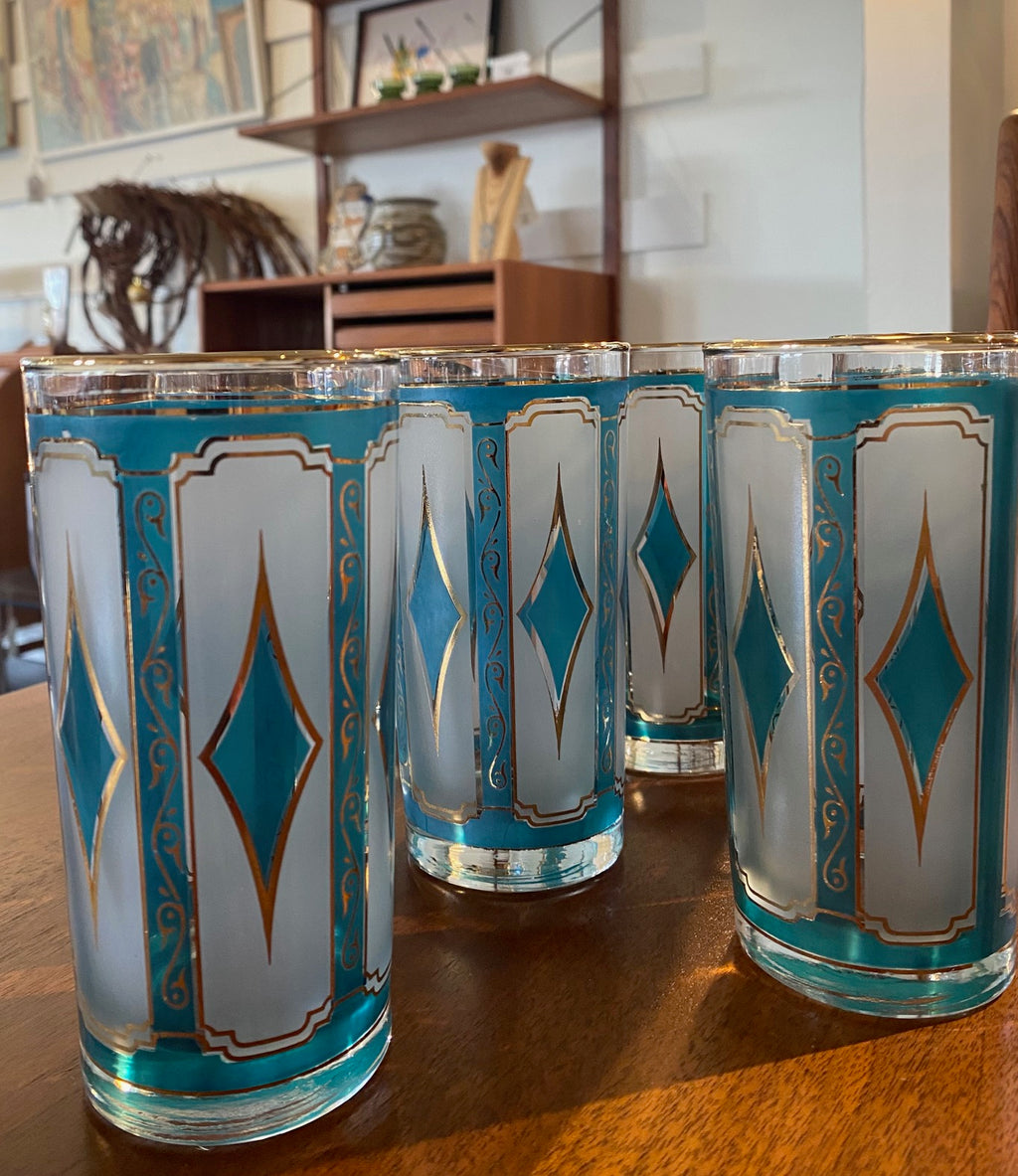 Stunning set of mid-century Libbey blue-green, white and gold diamond pattern highball glasses- Cook Street Vintage