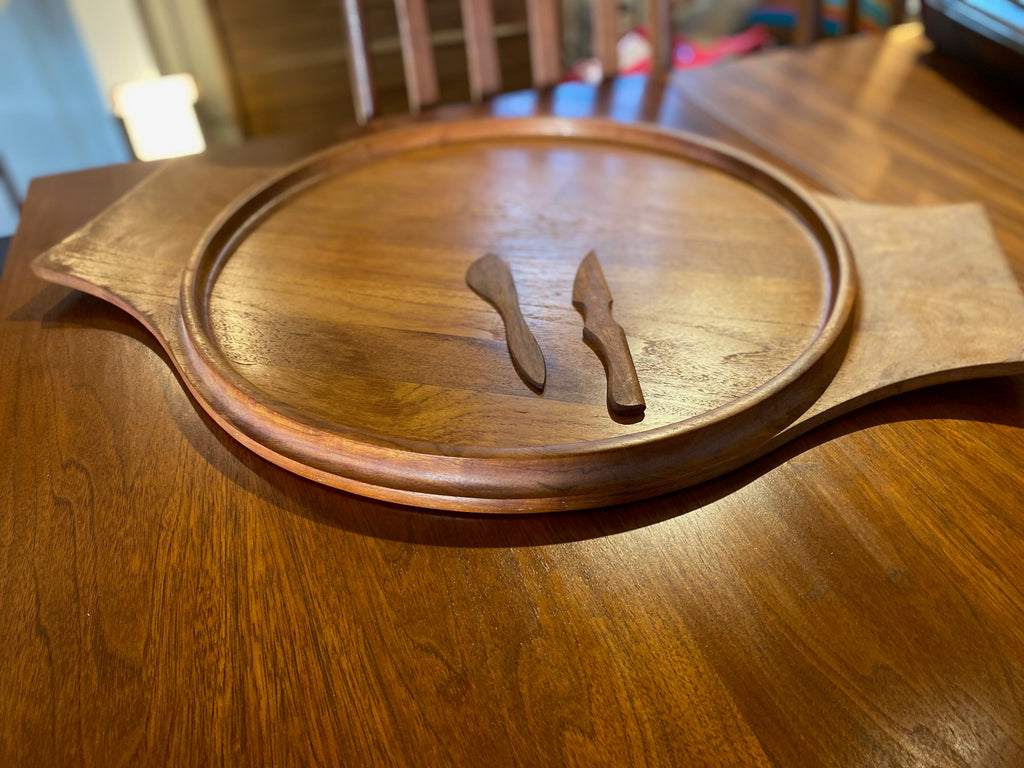 Extra large round 1960s Dansk teak tray with serving handles. Designed by Jens Harald Quistgaard for Dansk. Made in Denmark- Cook Street Vintage