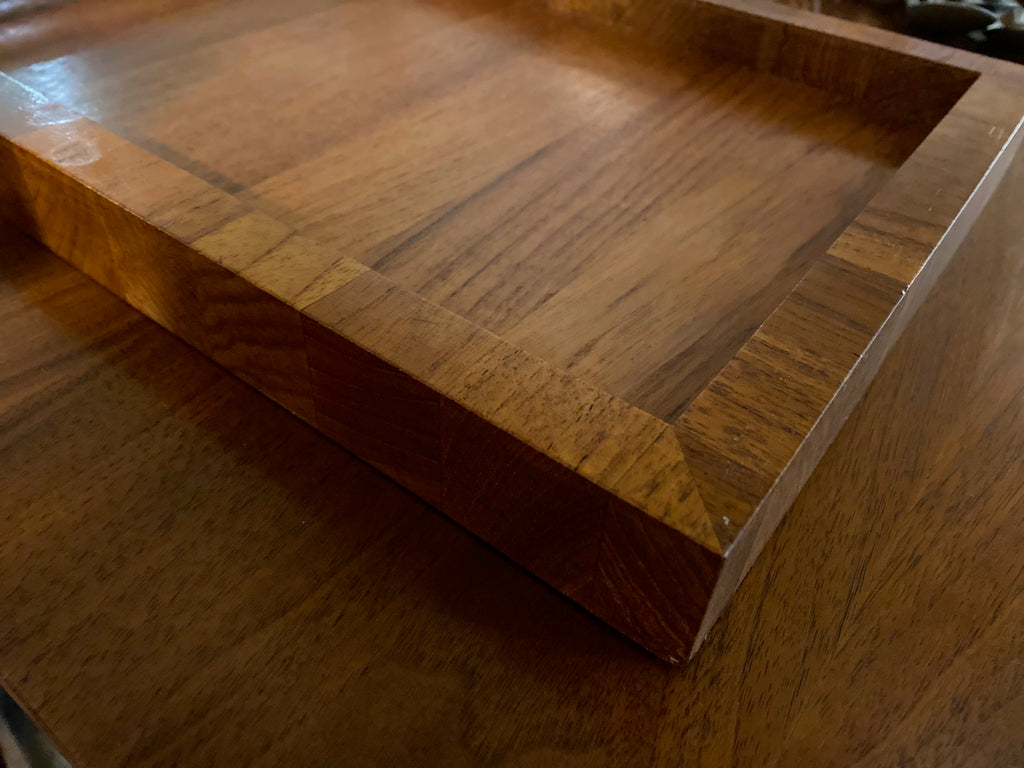 Teak parquet rectangle tray designed by Gunnar Cyren for Dansk. Made in Denmark- Cook Street Vintage