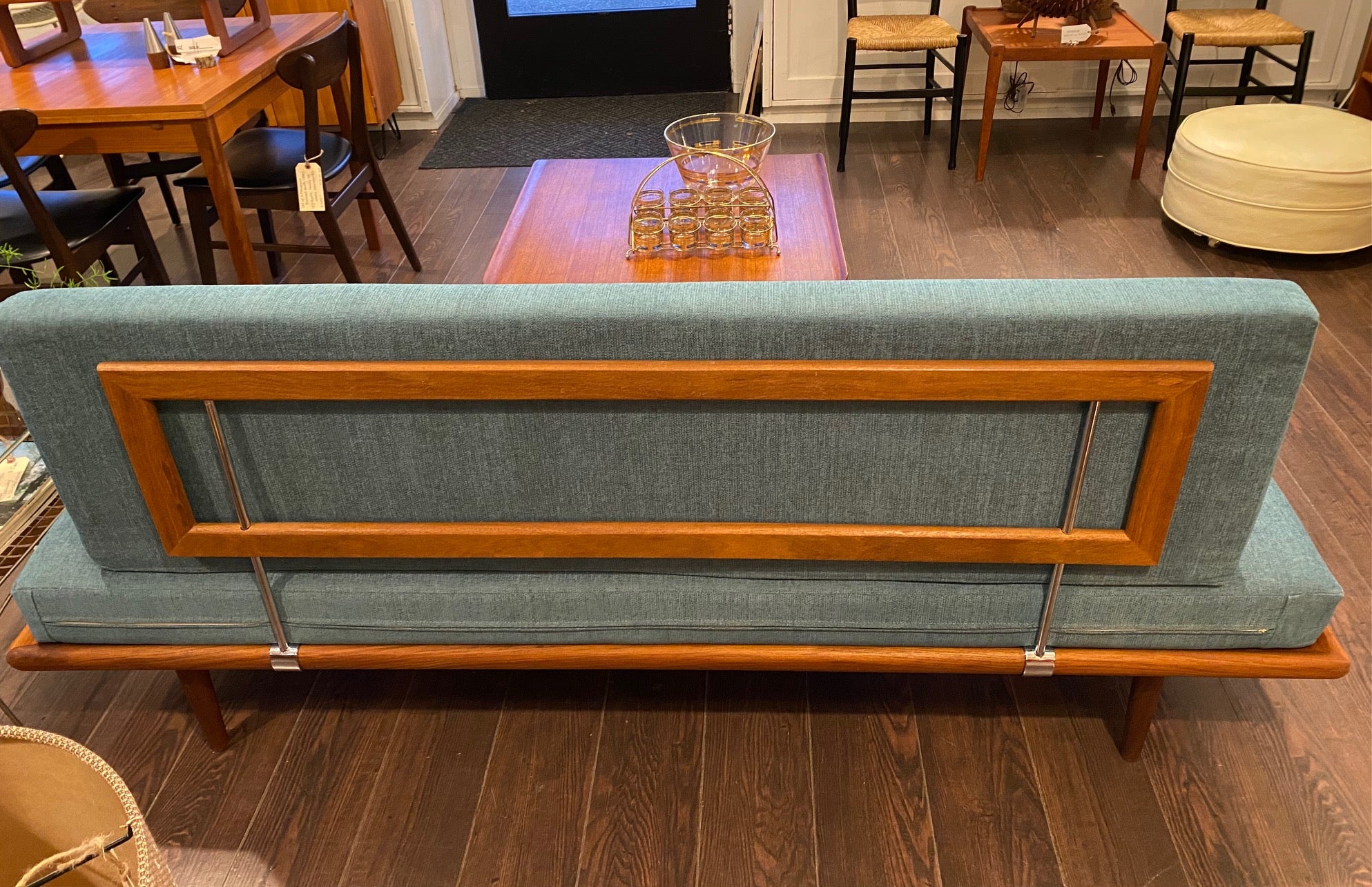 Back view of a gorgeous Peter Hvidt Minerva daybed for France and sons. Rare two seater sofa fully refinished. Made in Denmark- Cook Street Vintage