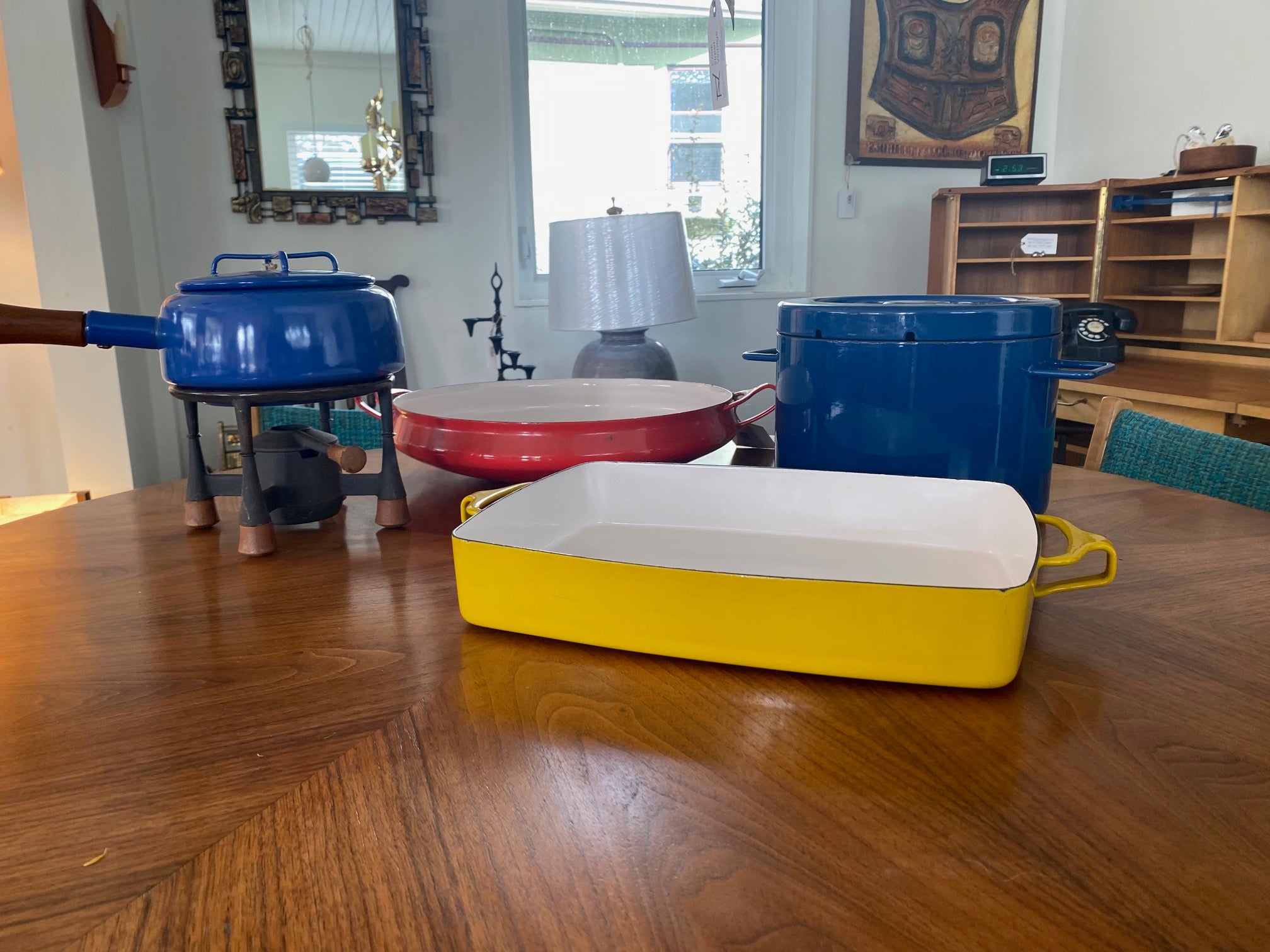 Yellow Kobenstyle Yellow JHQ Dansk Lasagne, our red Dansk pan and our blue JHQ Fondu pot, shown with our Blue Copco covered casserole-- Cook Street Vintage