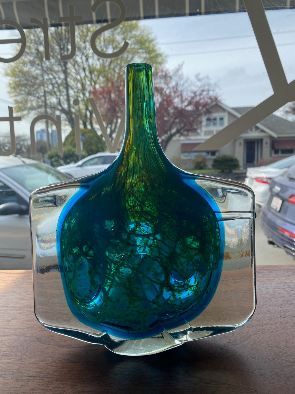Stunning art glass "Fish Head" vase in turquoise and green designed by Michael Harris. Made in Malta by Mdina. 1983- Cook Street Vintage 