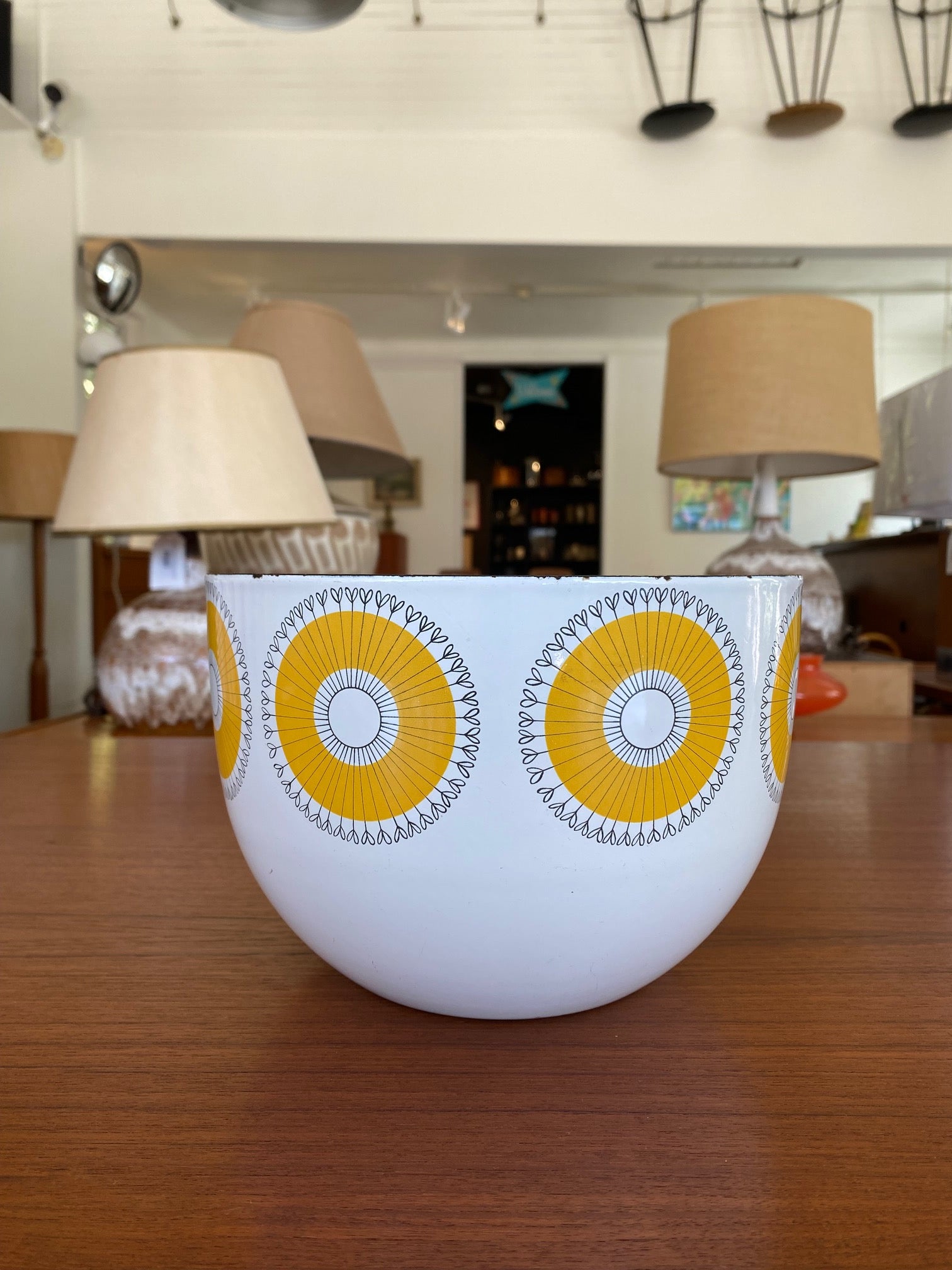 Finel enamel bowl with Dandelion motif, 1950s designed by Kaj Franck for Finel of Finland- Cook Street Vintage