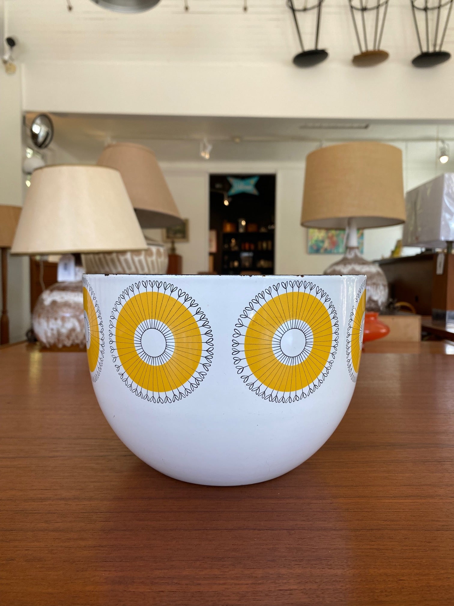 Finel enamel bowl with Dandelion motif, 1950s designed by Kaj Franck for Finel of Finland- Cook Street Vintage
