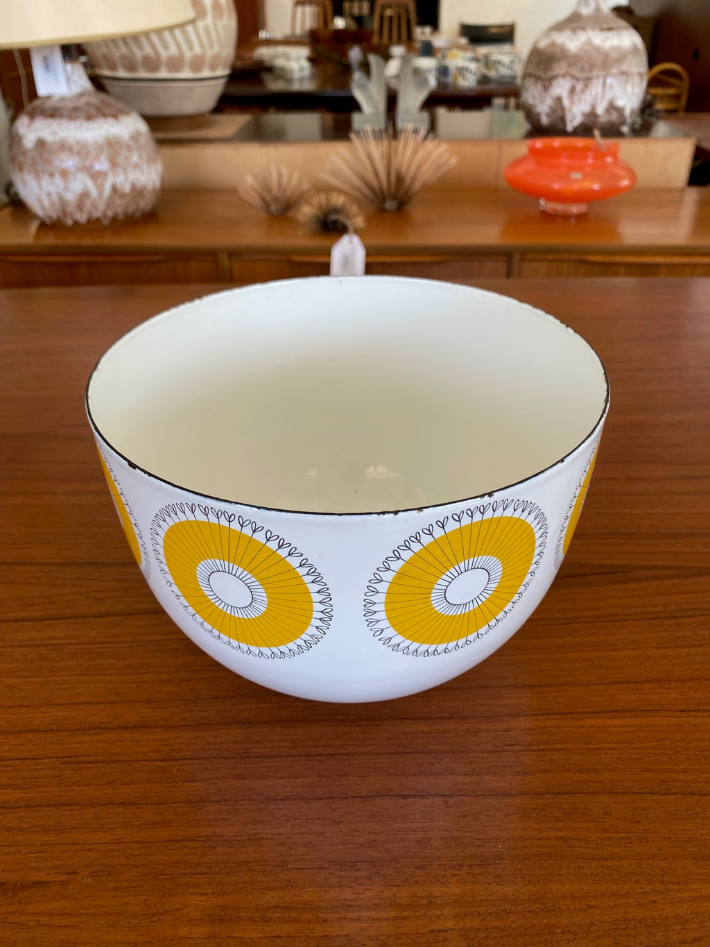 Finel enamel bowl with Dandelion motif, 1950s designed by Kaj Franck for Finel of Finland- Cook Street Vintage
