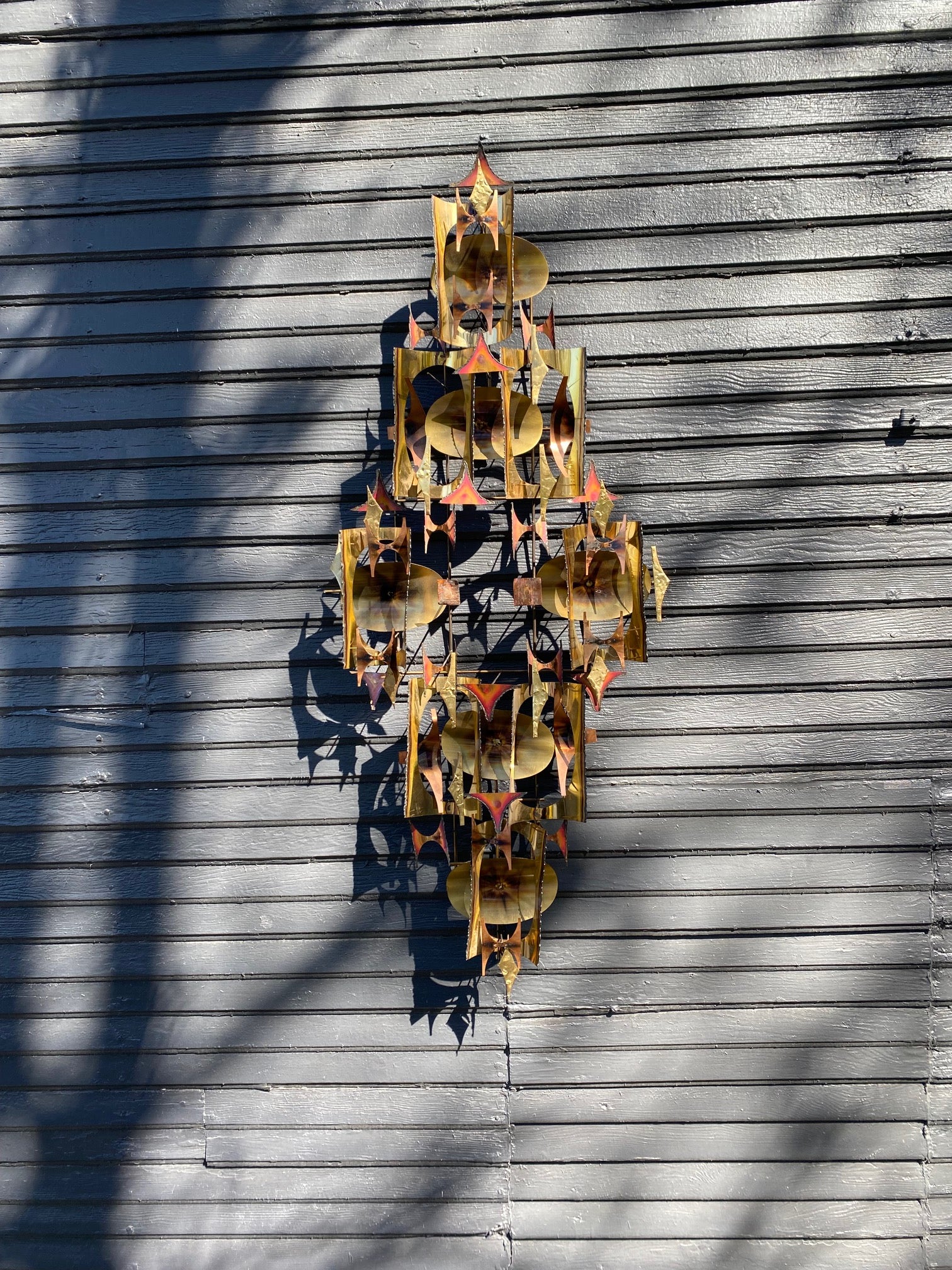 Vintage Brutalist MCM Torched Metal Art in Warm copper and brass torched metal sculpture can be hung either vertically or horizontally- Cook Street Vintage