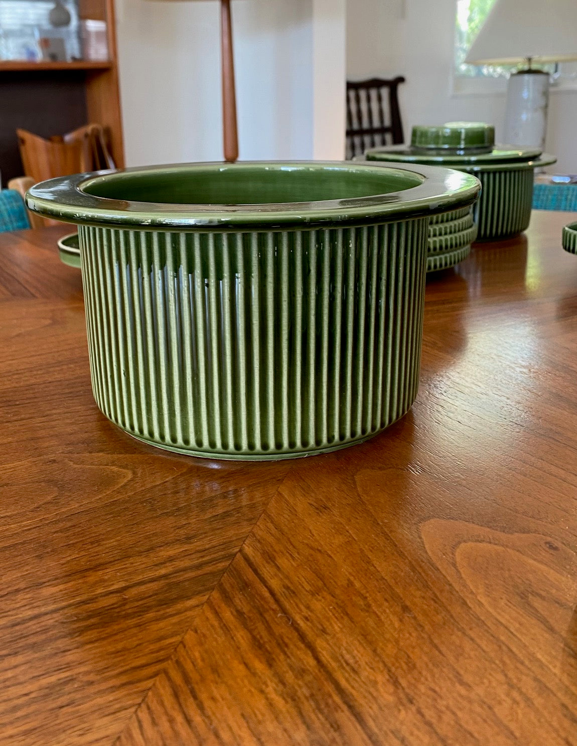 Large serving bowl from our Set of mid-century pottery designed by Fokke Hamming for De Driehoek. Dark forest green glaze with a modern striated design. Made in Huizen in Holland- Cook Street Vintage