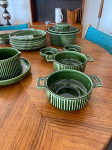 French onion/ cereal bowls from our Set of mid-century pottery designed by Fokke Hamming for De Driehoek. Dark forest green glaze with a modern striated design. Made in Huizen in Holland- Cook Street Vintage
