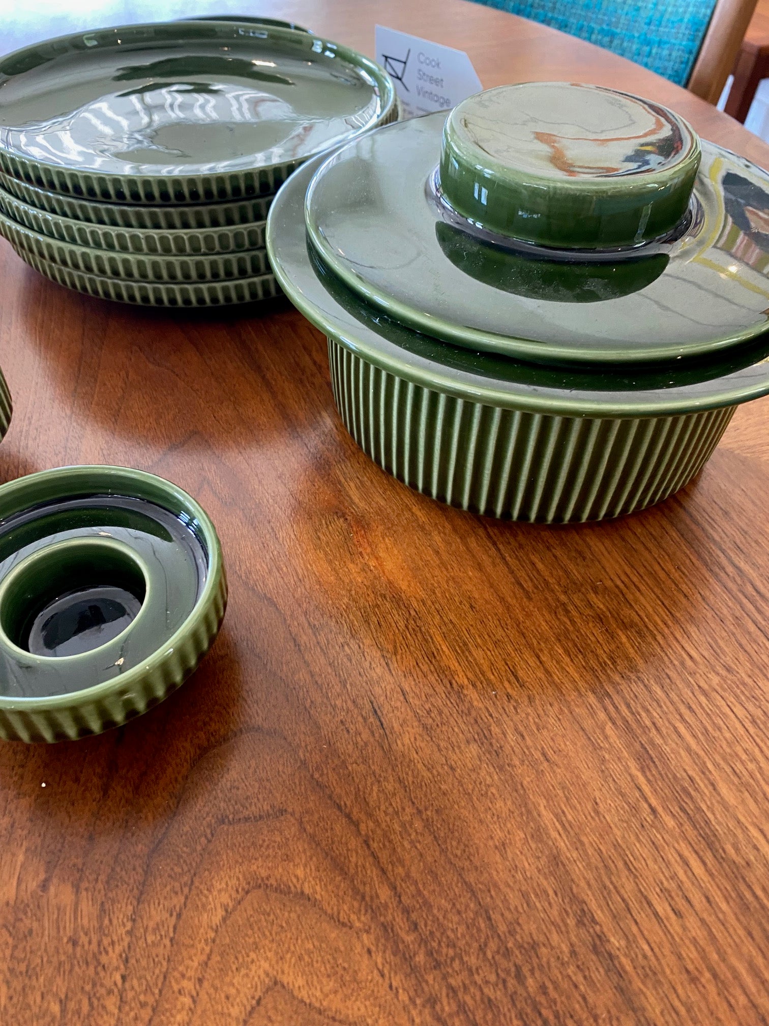 Covered casserole from our Set of mid-century pottery designed by Fokke Hamming for De Driehoek. Dark forest green glaze with a modern striated design. Made in Huizen in Holland- Cook Street Vintage