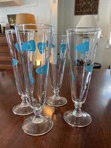 Set of 4 Blue and Gold Atomic Fluted Glasses