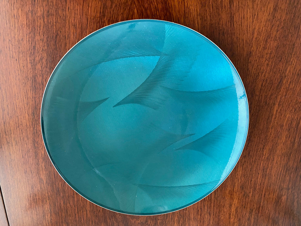 Large Round Cathrineholm blue enamel charger, by Grete Prytz Kittelsen. Engraved on reverse "With the compliments of Knutsen Line". See also the matching rectangular dish. Made in Norway-Cook Street Vintage