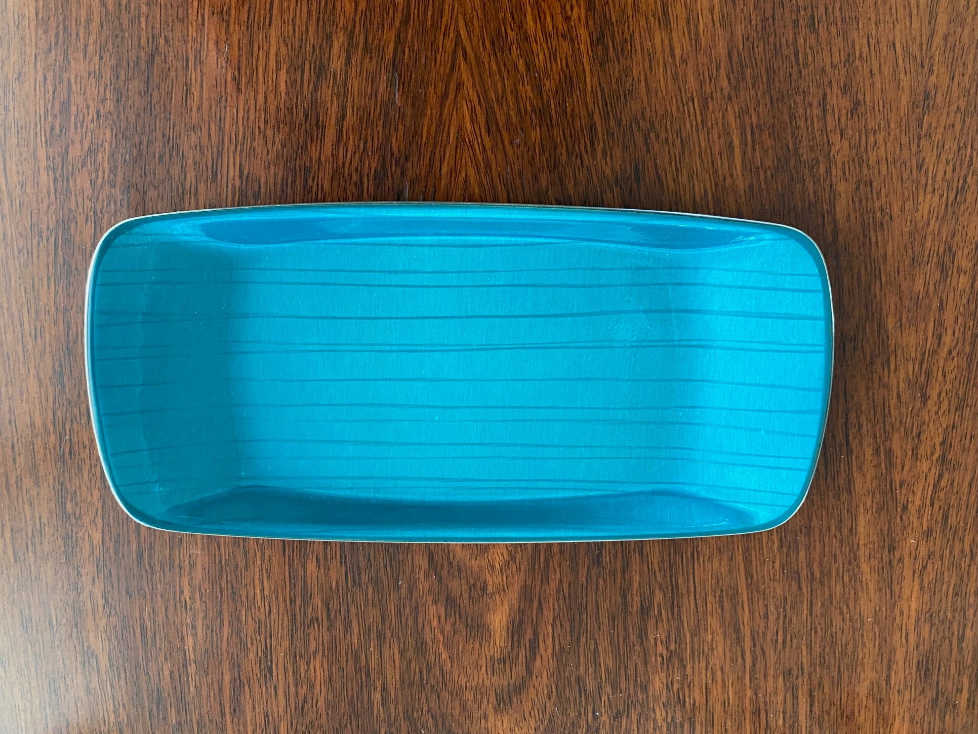 Cathrineholm blue enamel rectangular dish by Grete Prytz Kittelsen. Engraved on reverse "With the compliments of Knutsen Line". Made in Norway-Cook Street Vintage