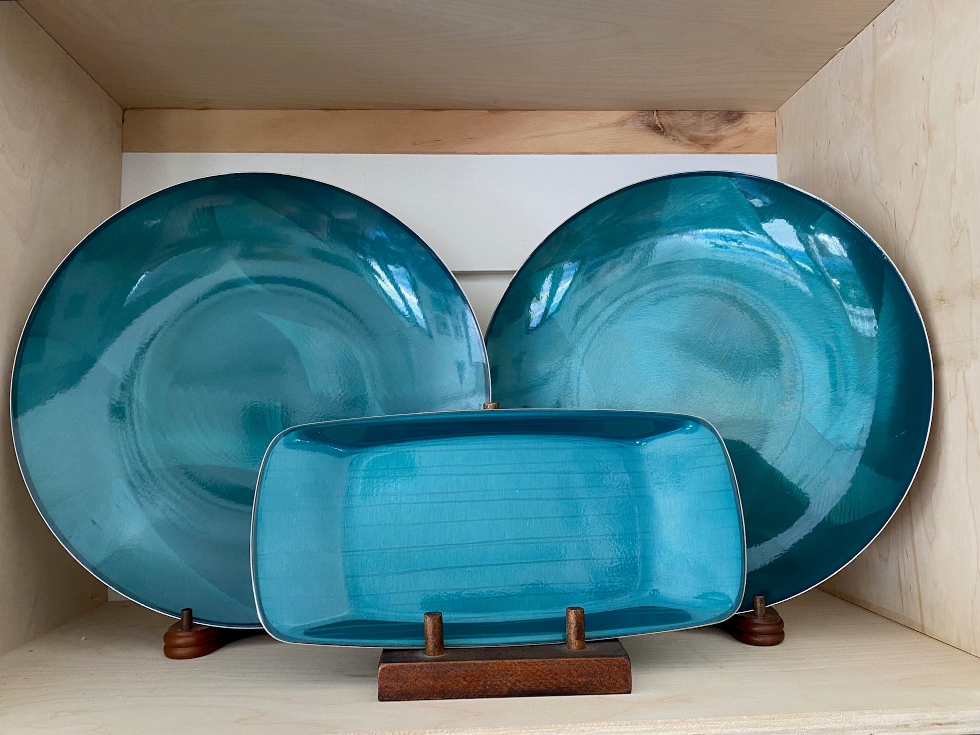 Cathrineholm blue enamel rectangular dish and two large round matching chargers by Grete Prytz Kittelsen. Engraved on reverse "With the compliments of Knutsen Line". Made in Norway-Cook Street Vintage