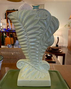 Stunning MCM Beswick vase in the “Fernbank” model #1191, designed by James Howard in 1950. This classic cornucopia-shaped piece, inspired by unfurling fern fronds is a plae green with a beautiful powder blue interior glaze. No chips or crazinng- Cook Street Vintage.
