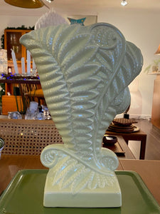 Stunning MCM Beswick vase in the “Fernbank” model #1191, designed by James Howard in 1950. This classic cornucopia-shaped piece, inspired by unfurling fern fronds is a plae green with a beautiful powder blue interior glaze. No chips or crazinng- Cook Street Vintage.