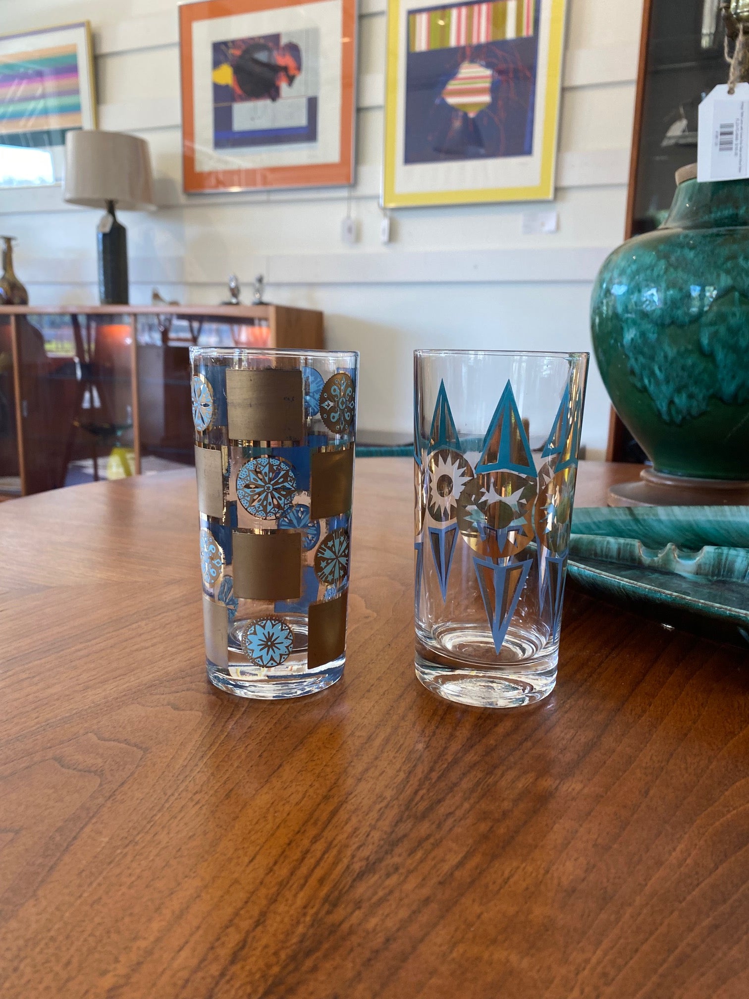 Set of 2 Vintage Blue and Gold High Ball Glasses