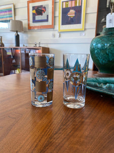 Set of 2 Vintage Blue and Gold High Ball Glasses