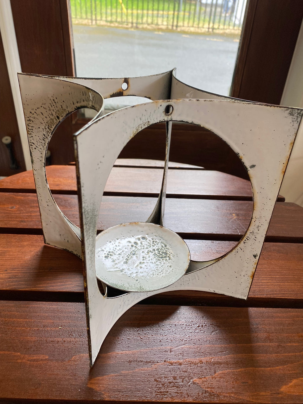 Mid-century modern candle holder in classic abstract design by Hanova of Pasadena. White lava textured enamel on dark green steel- Cook Street Vintage