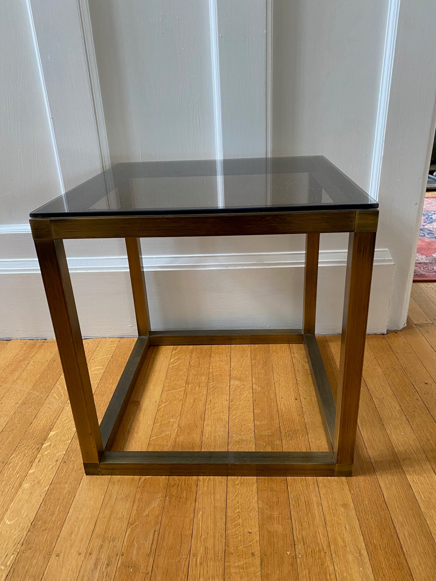 Vintage Brushed Metal and Smoke Glass End Tables