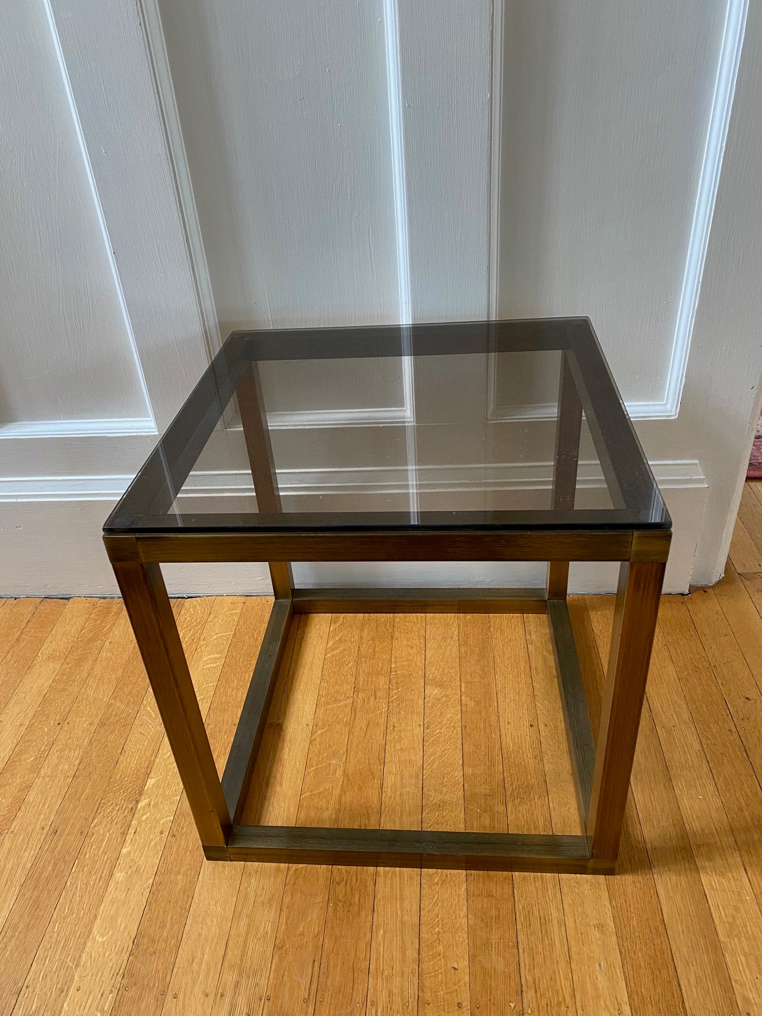 Vintage Brushed Metal and Smoke Glass End Tables