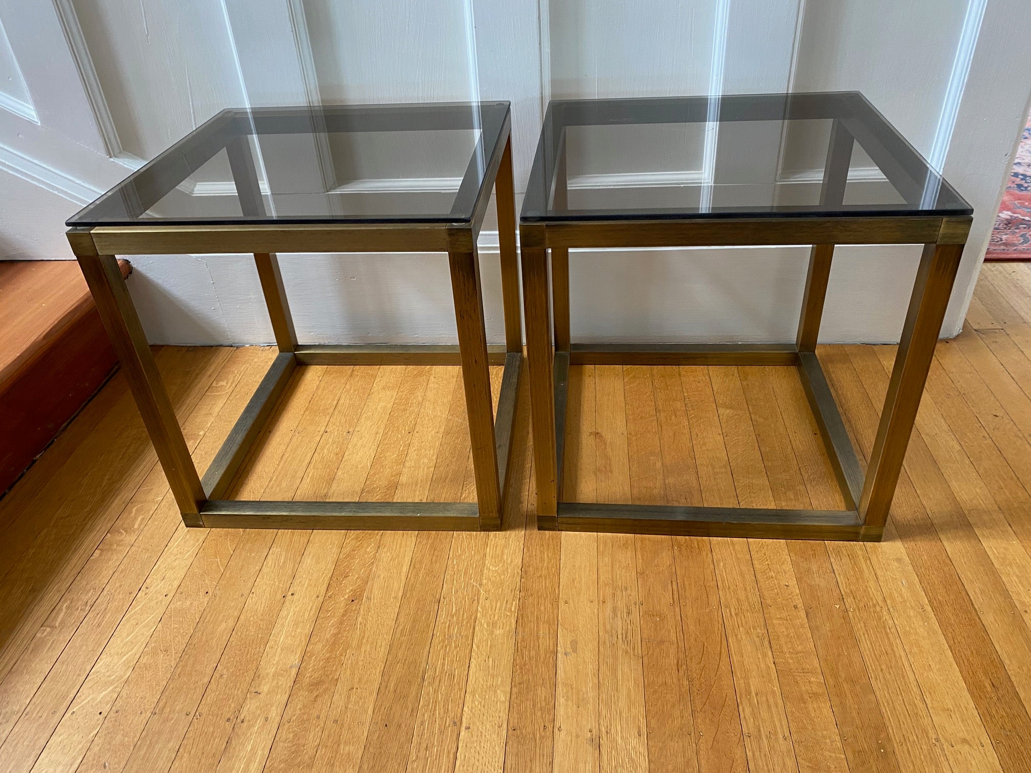 Vintage Brushed Metal and Smoke Glass End Tables