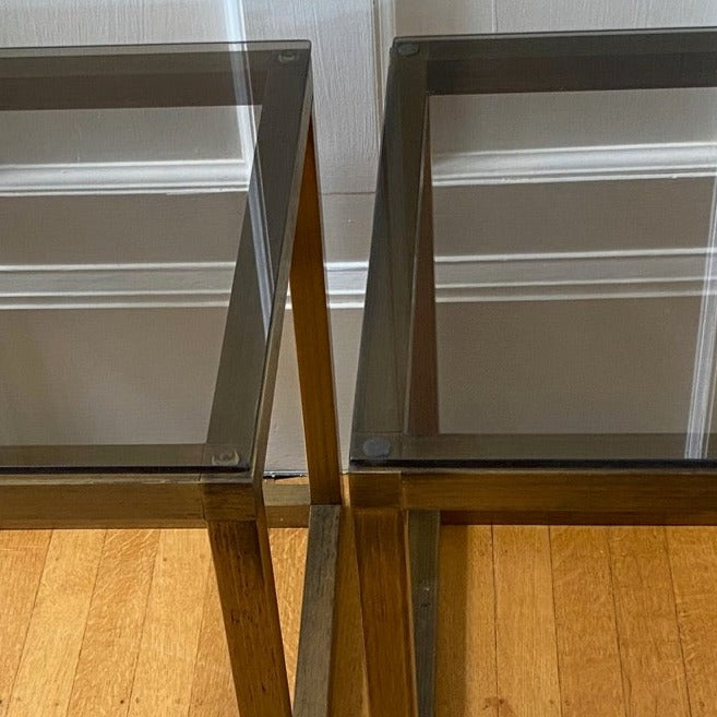 Vintage Brushed Metal and Smoke Glass End Tables