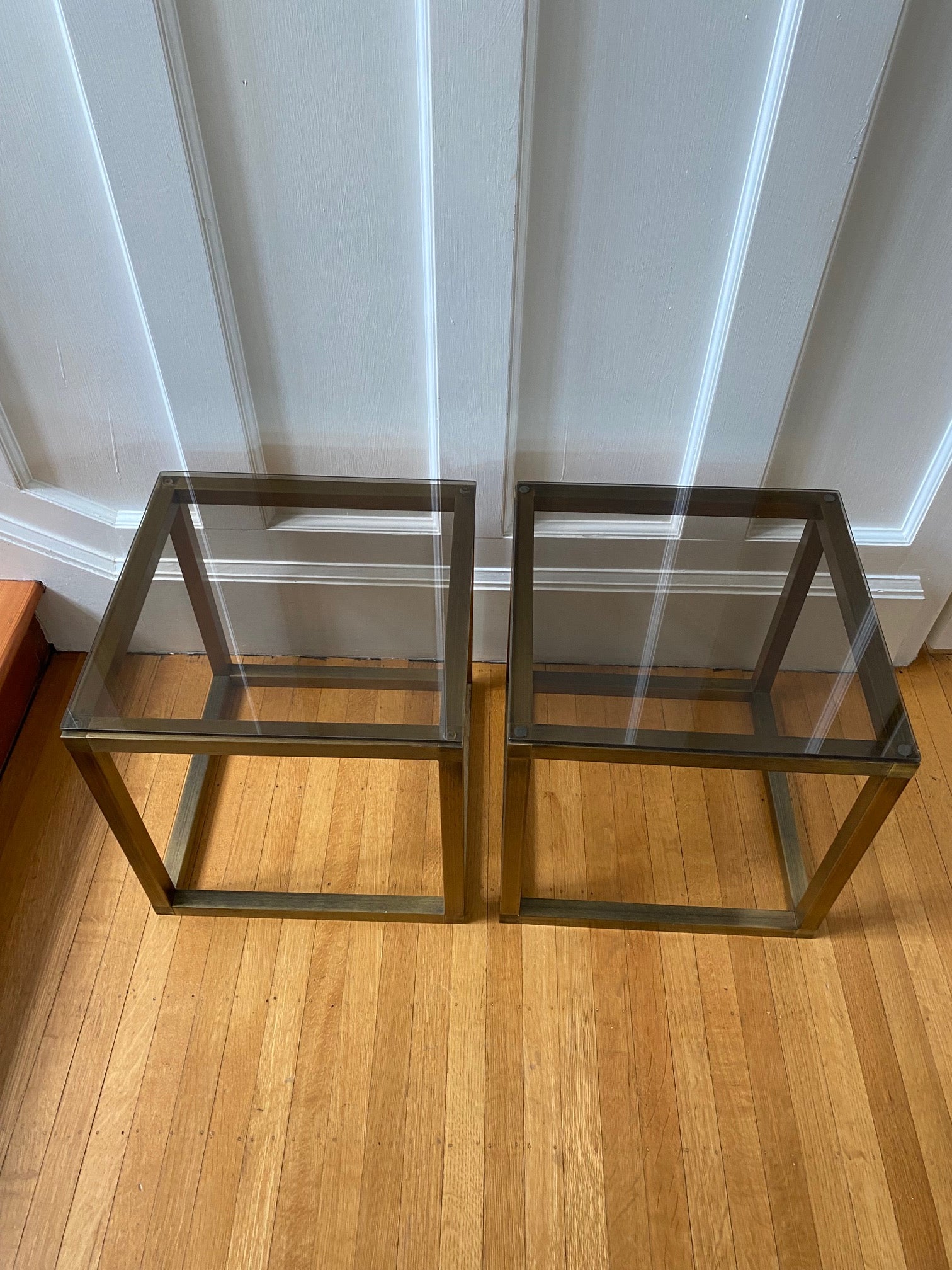 Vintage Brushed Metal and Smoke Glass End Tables