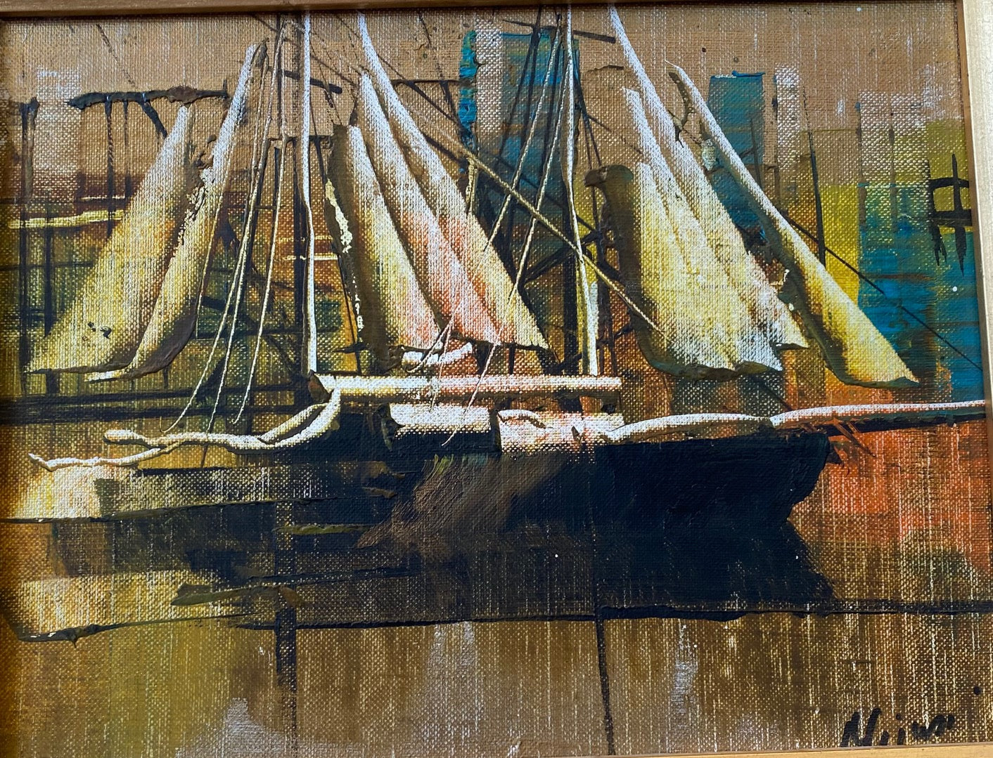 Gorgeous MCM abstract marine scene on canvas- Cook Street Vintage.