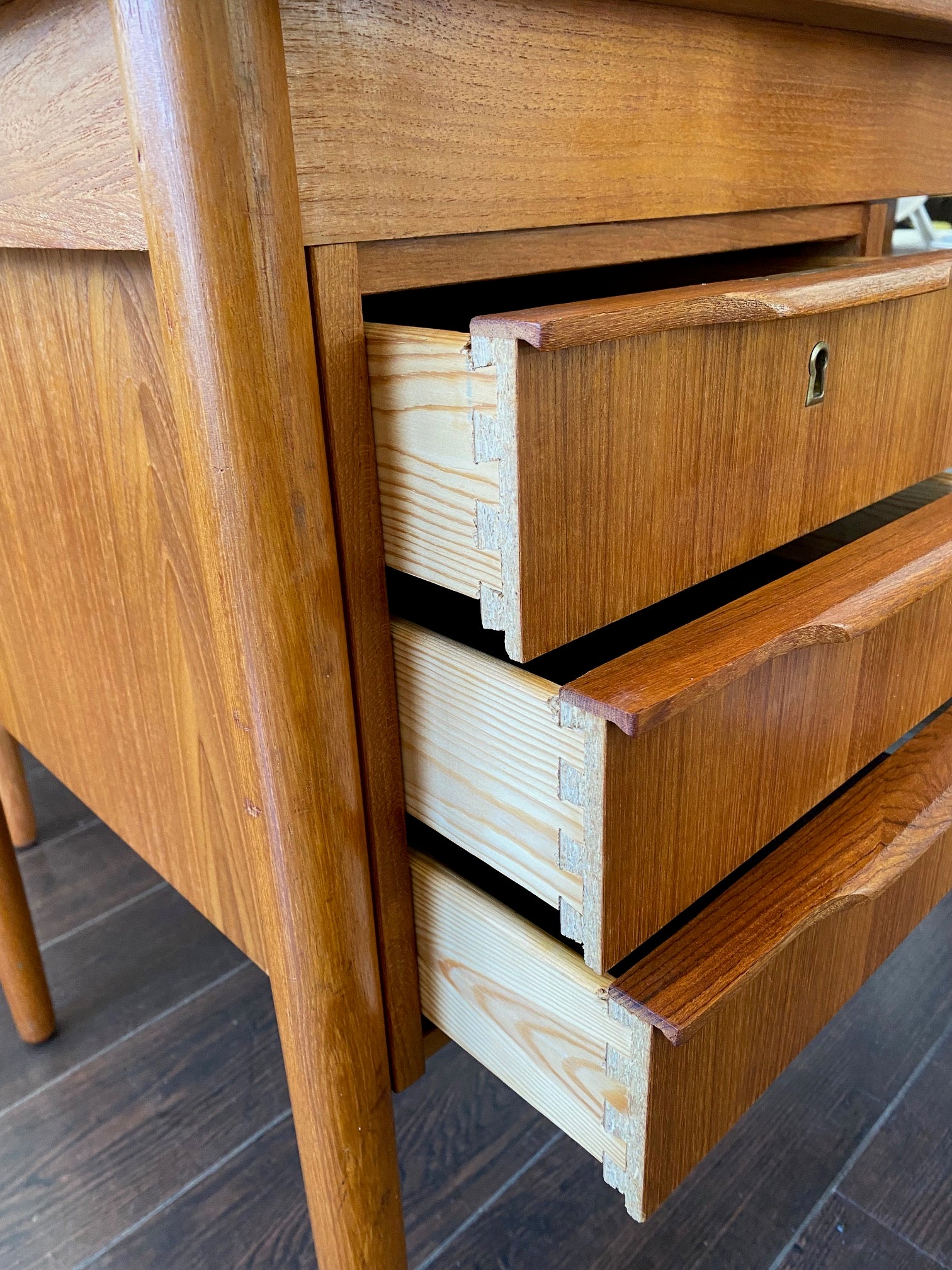 Doveetail drawers on the MCM teak desk by Ejsing Mobelfarik- Cook Street Vintage